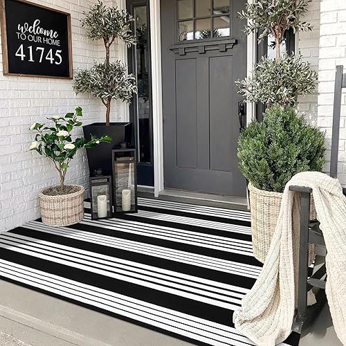 Miniatura 7 de Alfombras de patio para exteriores de 5 x 7 pies, lavables a máquina, alfombras a rayas color blanco y negro para interiores y exteriores, alfombras