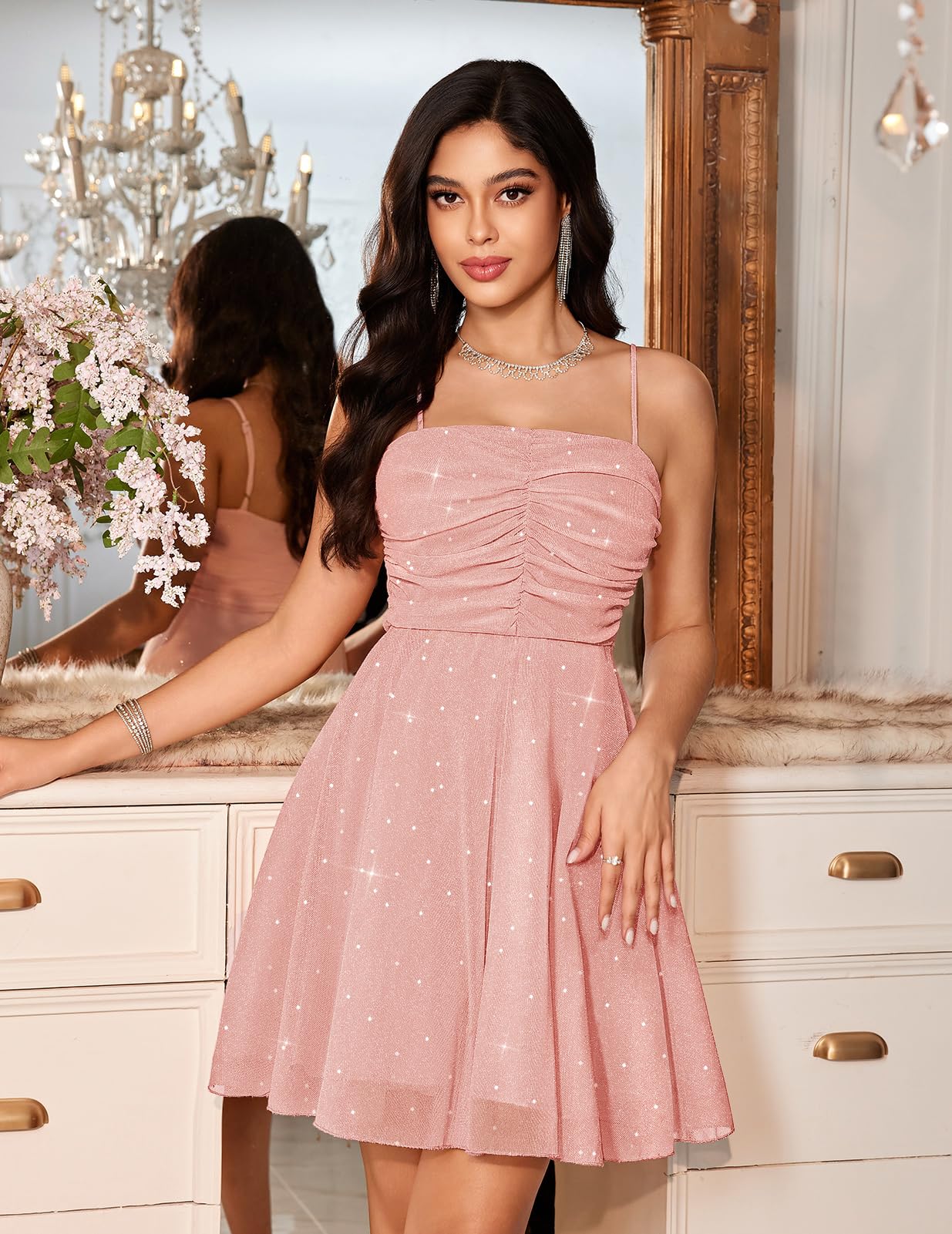 Meetjen Glitzerndes kurzes Damenkleid für Teenager, Abschlussball, formell, elegant