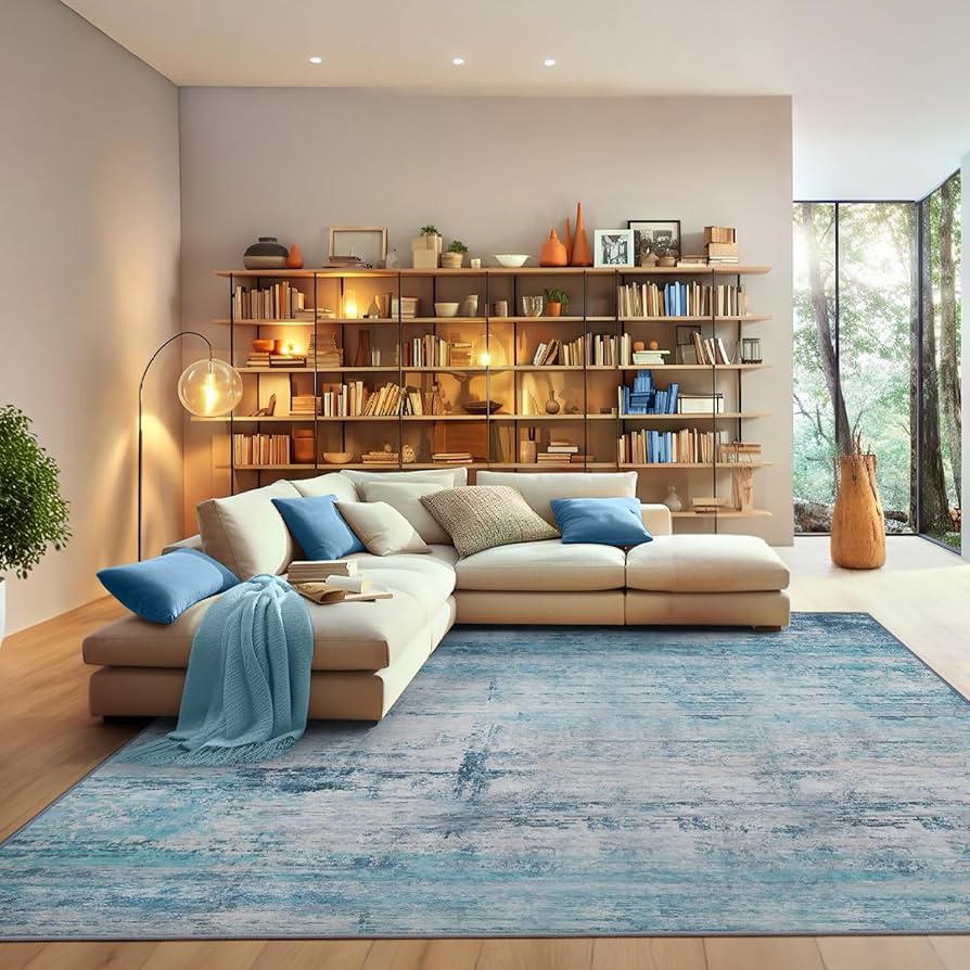 Abstract 8x10 Area Rug, Modern Throw Rugs for Living Room, Washable Soft Large Non-Slip Accent Carpet Floor Mat for Dining Room Office Bedroom - Abstract Teal/Grey