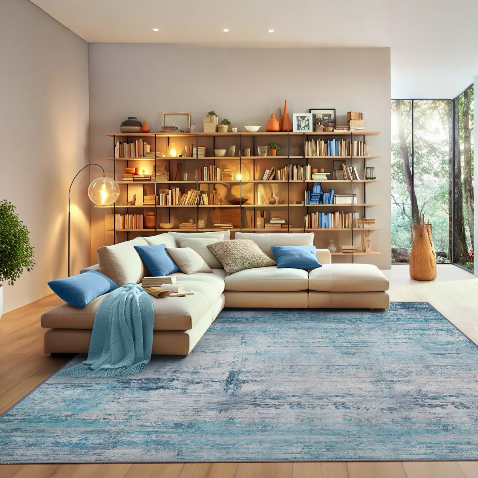 FLYRUGGO Abstract 9x12 Area Rug Washable Soft Large Non-Slip Carpet for Living Room Dining Room Home Office Bedroom - Abstract Teal/Grey