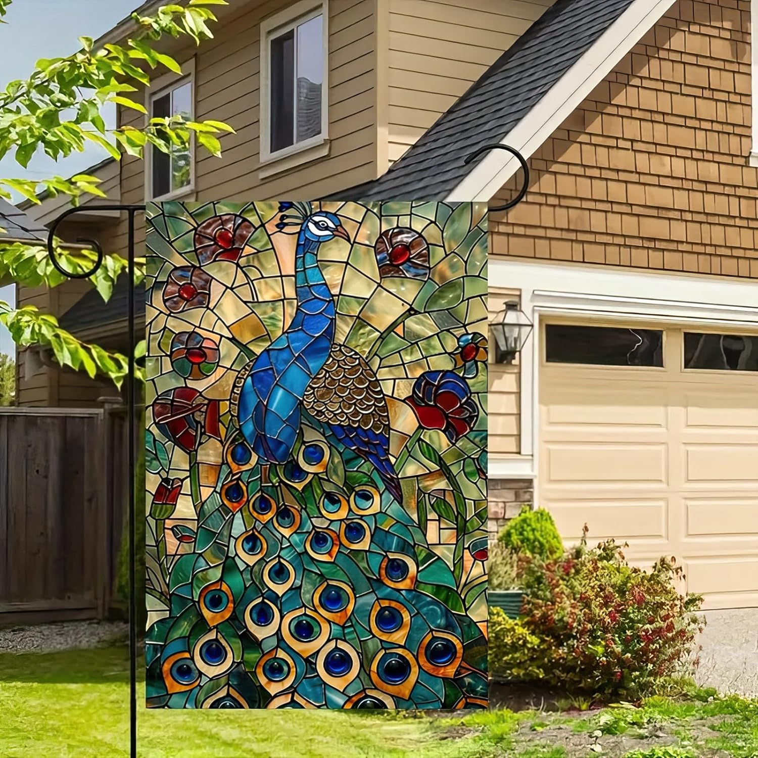 Spring and Summer Welcome 12x18 Inch Double Sided Colorful Solemn Peacock Stained Glass Flag for Outdoor Party Decor - Image 4