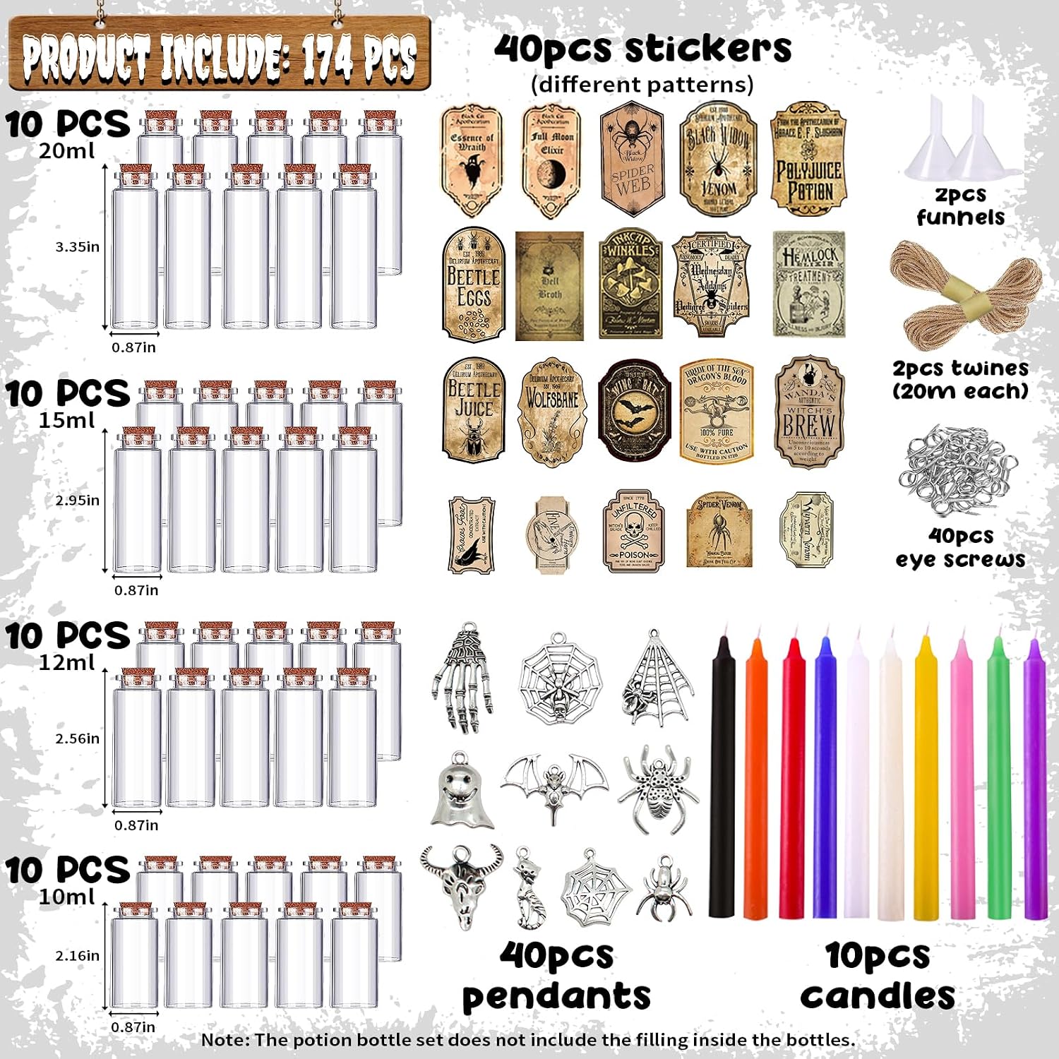 174 Pcs Apothecary Bottles with Cork, Indoor Witchcraft Supplies - Halloween Decorations with Labels, Pendants, Candles, Eye Screws, Twines for Tiered Tray Decor