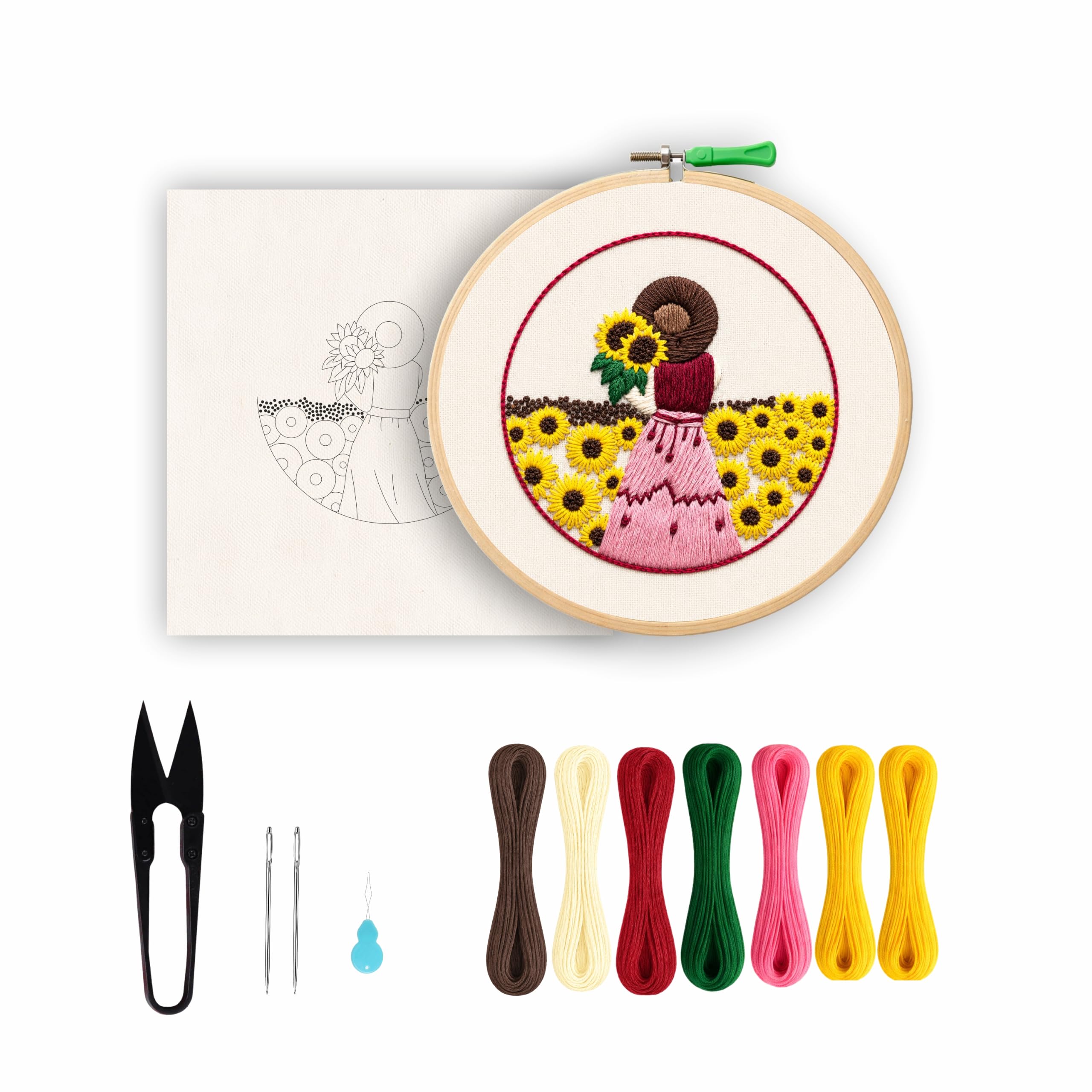 Nibras Embroidery Kit for Beginners | 1 Pre-Printed Sunflower Girl Design with Hoop, Threads, Needles & Instructions | DIY Hand Embroidery Starter Kit for Adults & Kids | Art & Craft Kit-image-21