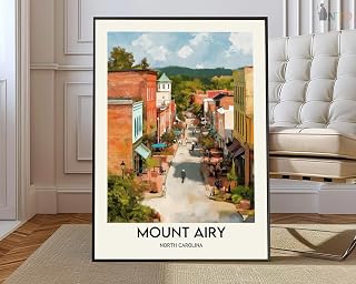 Mount Airy North Carolina travel wall art print featuring a vintage street scene poster for home decor, framed wall art suitable for living room or office