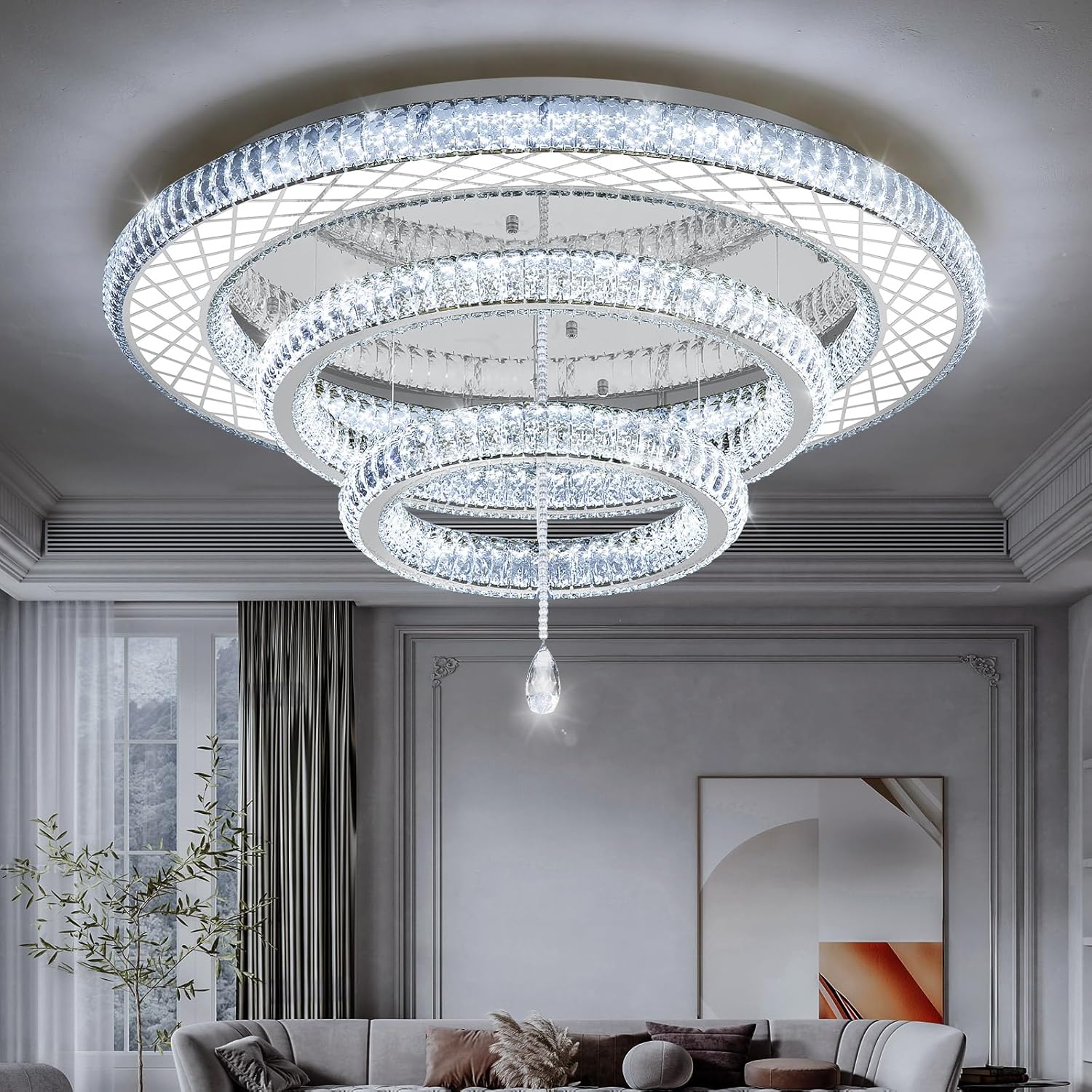 39.4" Modern Crystal Chandeliers Dimmable Lager Chandelier LED Flush Mount Ceiling Light High Ceiling Chandelier for Living Room Dining Room Bedroom Foyer Hallway Entryway Silver