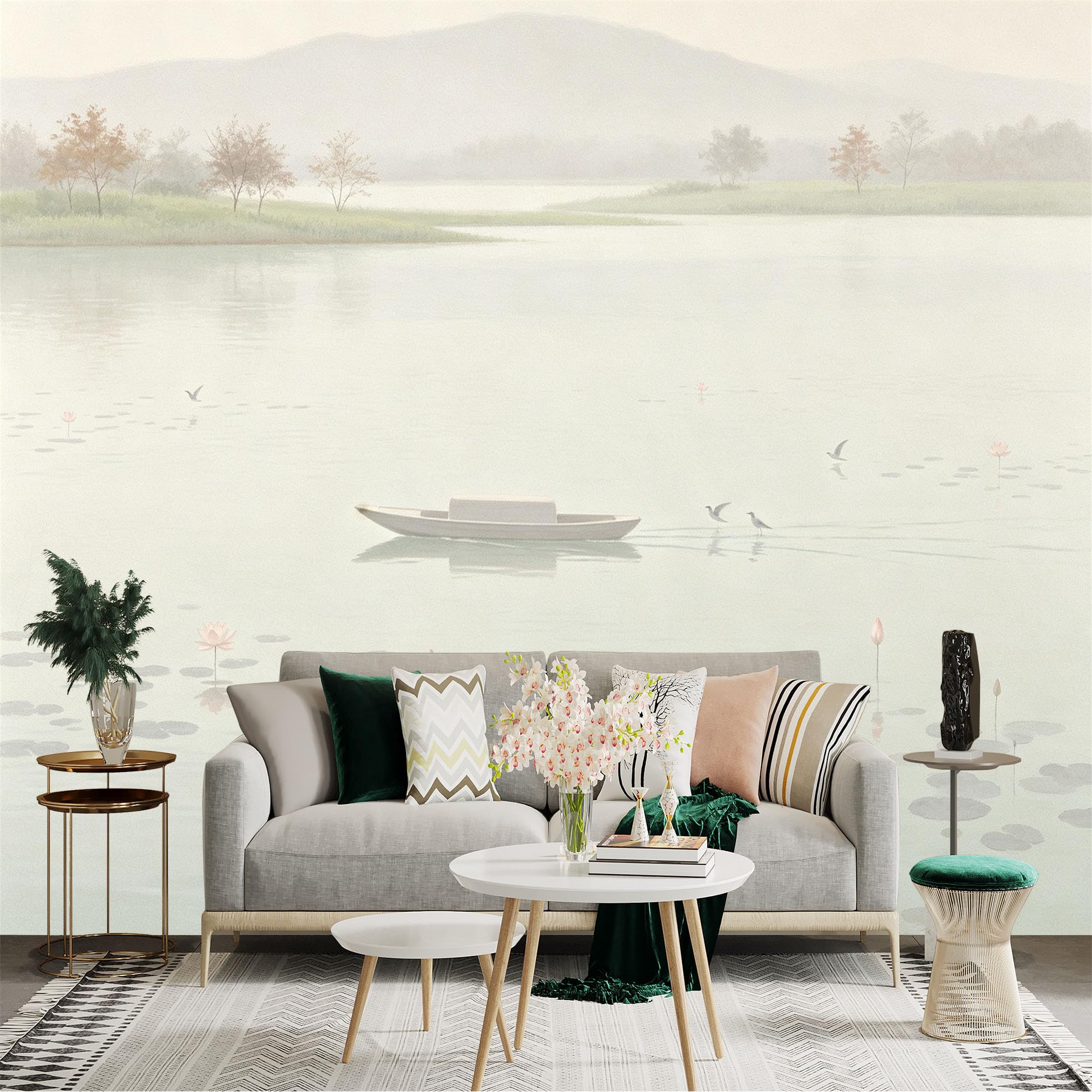 Custom Size Wall Sticker Mural， Serene Lake Landscape with Lotus Flowers， Traditional Ink Wash Painting Style， Peaceful River Scene， for wall Decoration， peelandstick wall Decals.