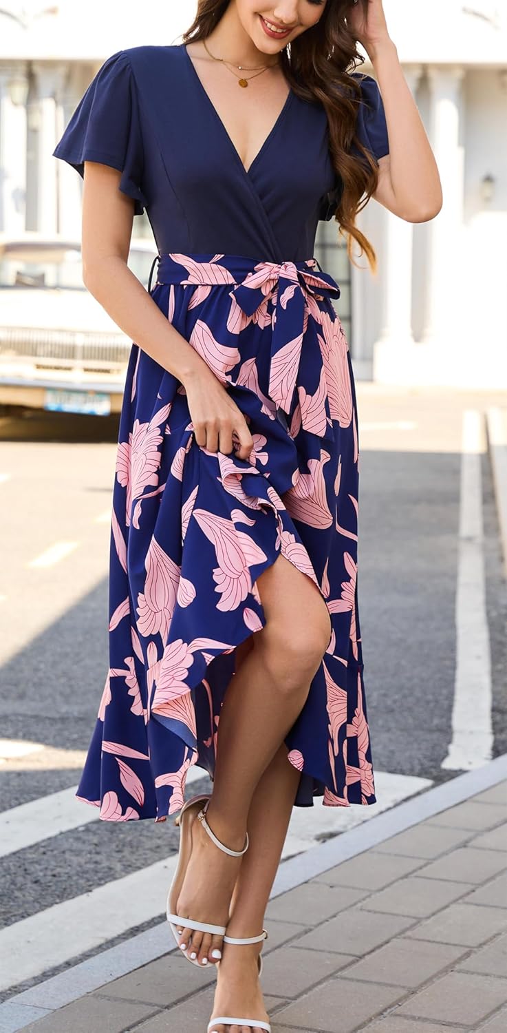 Kormei Women's Summer V Neck Short Sleeve Casual Boho Floral High Low Flowy Party Beach Long Maxi Dress - Image 3