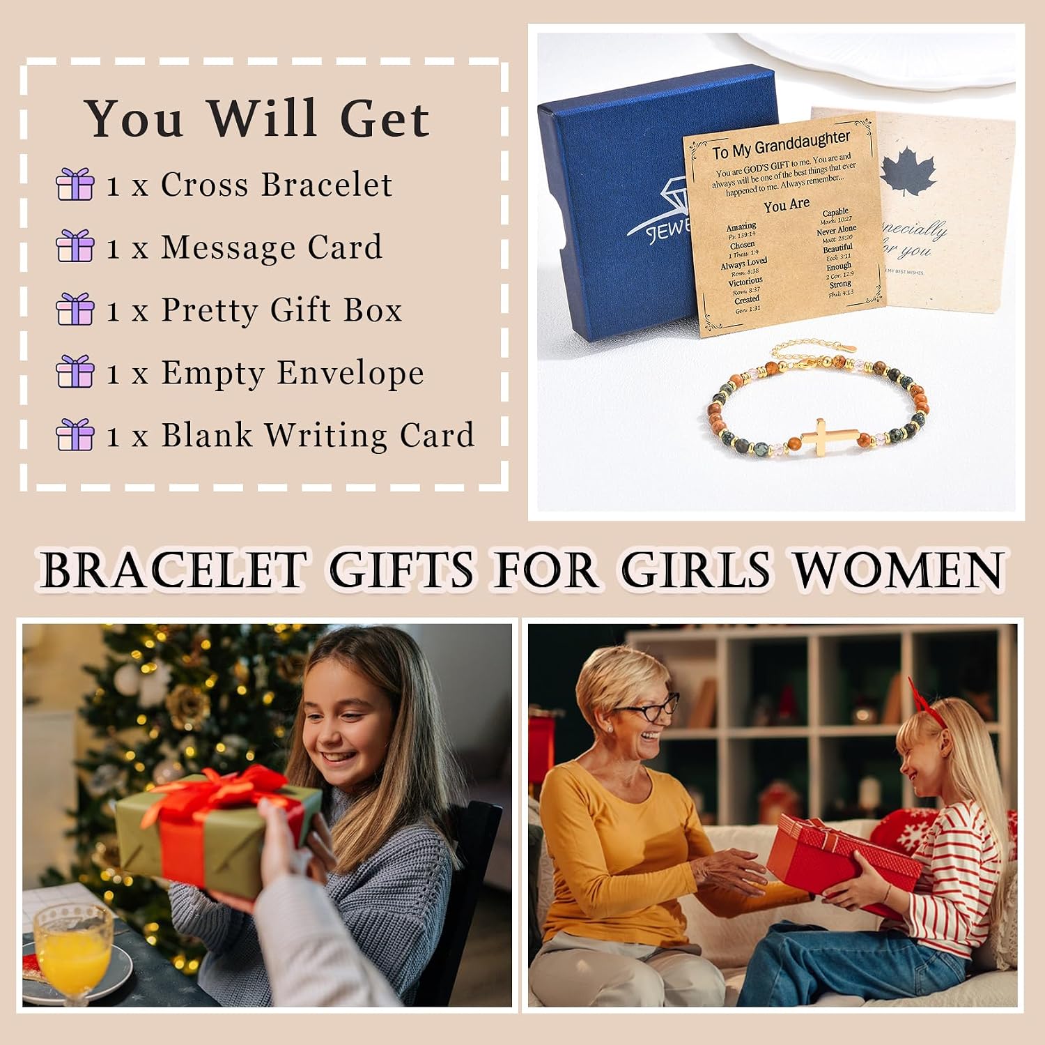 Cross Bracelet for Women, Christian Gifts Adjustable Dainty Cross Bracelet, Christmas Confirmation Baptism Easter Religious Gifts for Daughter Niece Granddaughter Sister Godmother Friend