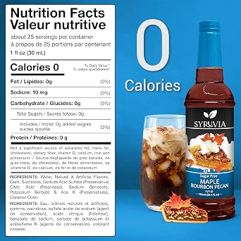 Syruvia Sugar-Free Cookie Butter & Maple Bourbon Pecan Coffee Syrup - 25.4 fl oz Premium Coffee Flavoring Syrup. 0 Calories, Kosher and Gluten-Free. Perfect for Drinks, Sodas, Shakes, Desserts, More