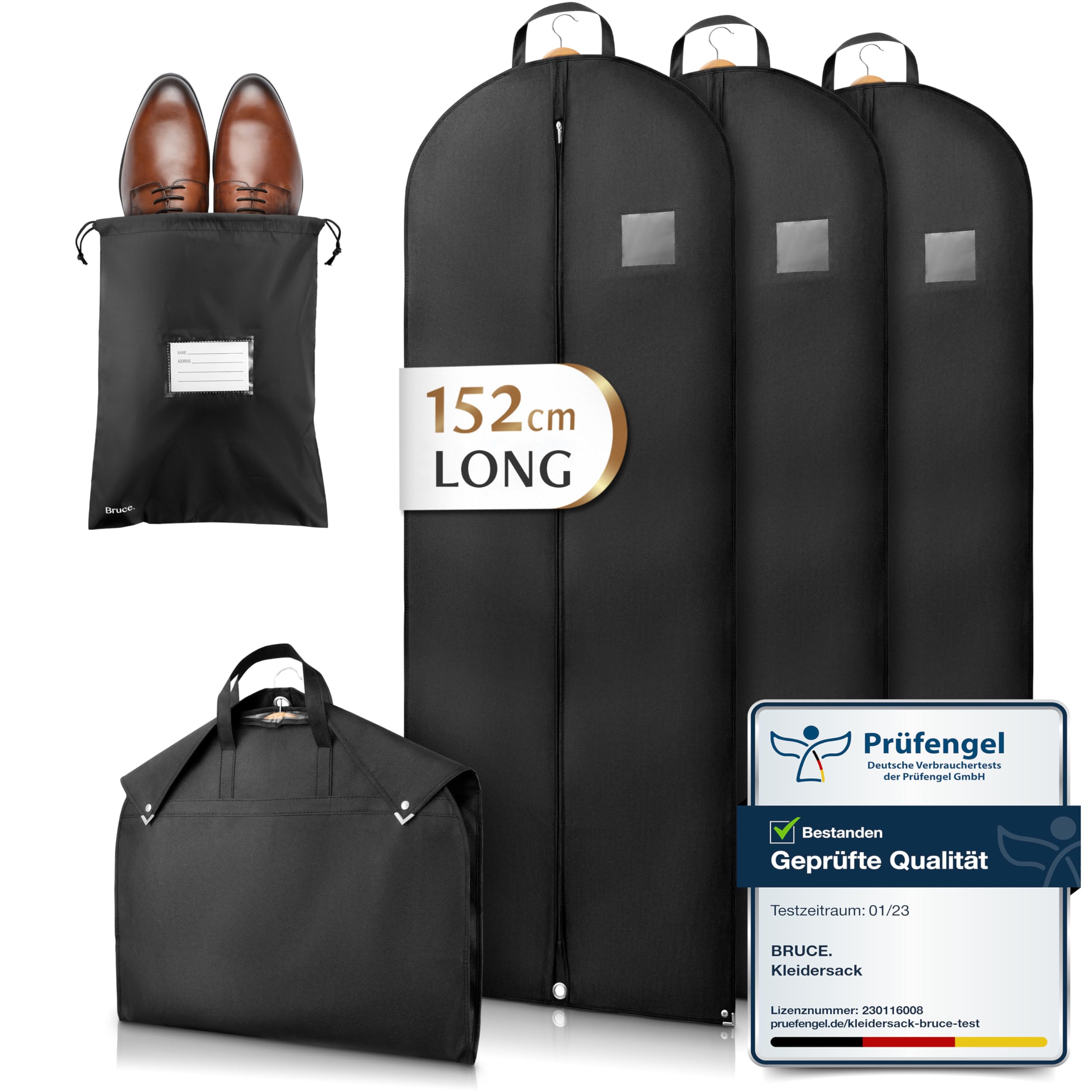 Bruce.® 3x Premium Garment Bags 152x60cm with 1x Shoe Bag, Breathable Clothes Cover for Suits Dresses, Coats & Jackets