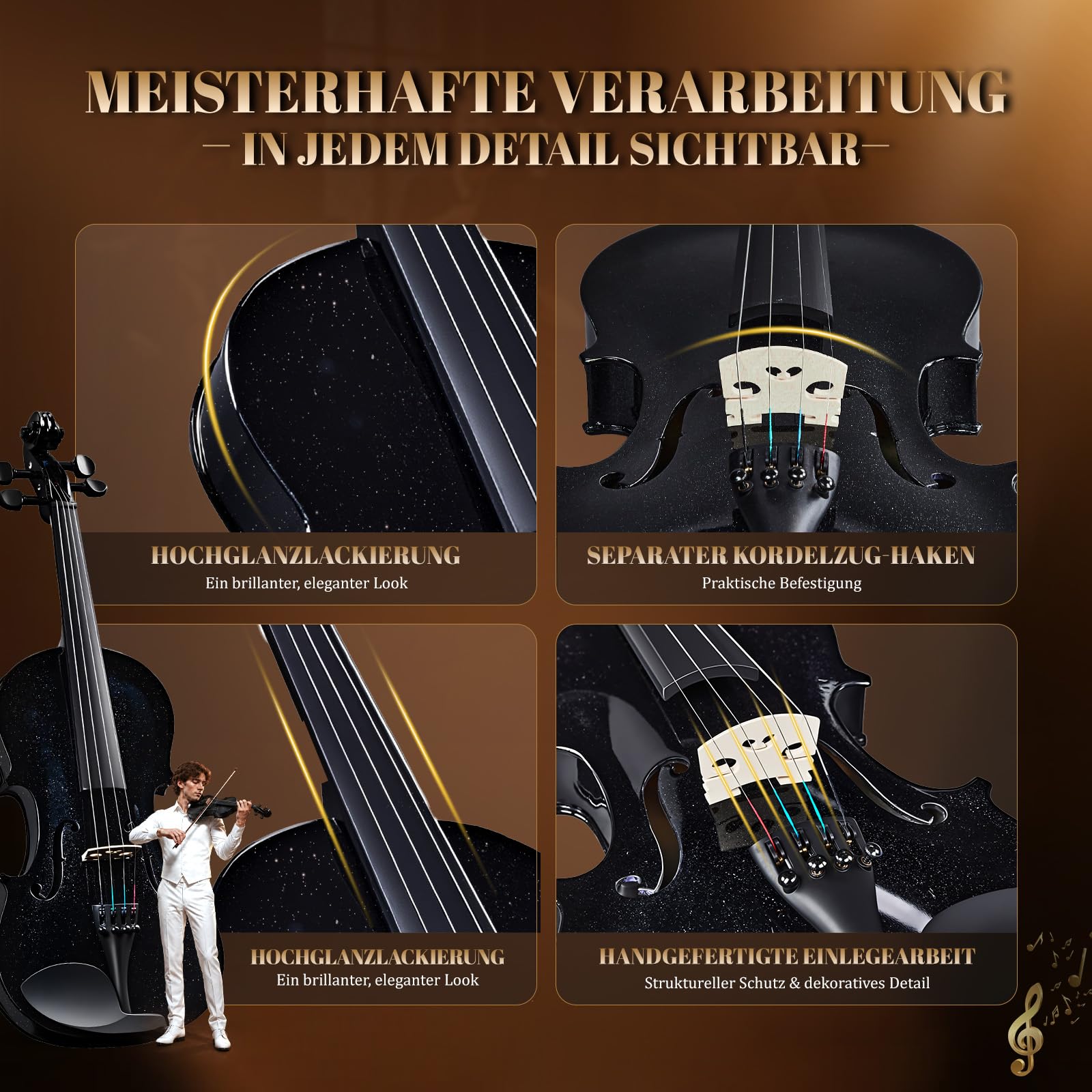Bonnlo Violine Set 4/4, Violin Vollgröße aus Lindenholz für Anfänger, Geige mit Hartschalenkoffer, Bogen, Kolophonium, Ersatzsaiten & Schulterstütze, ideal für Erwachsene & Kinder, Schwarz