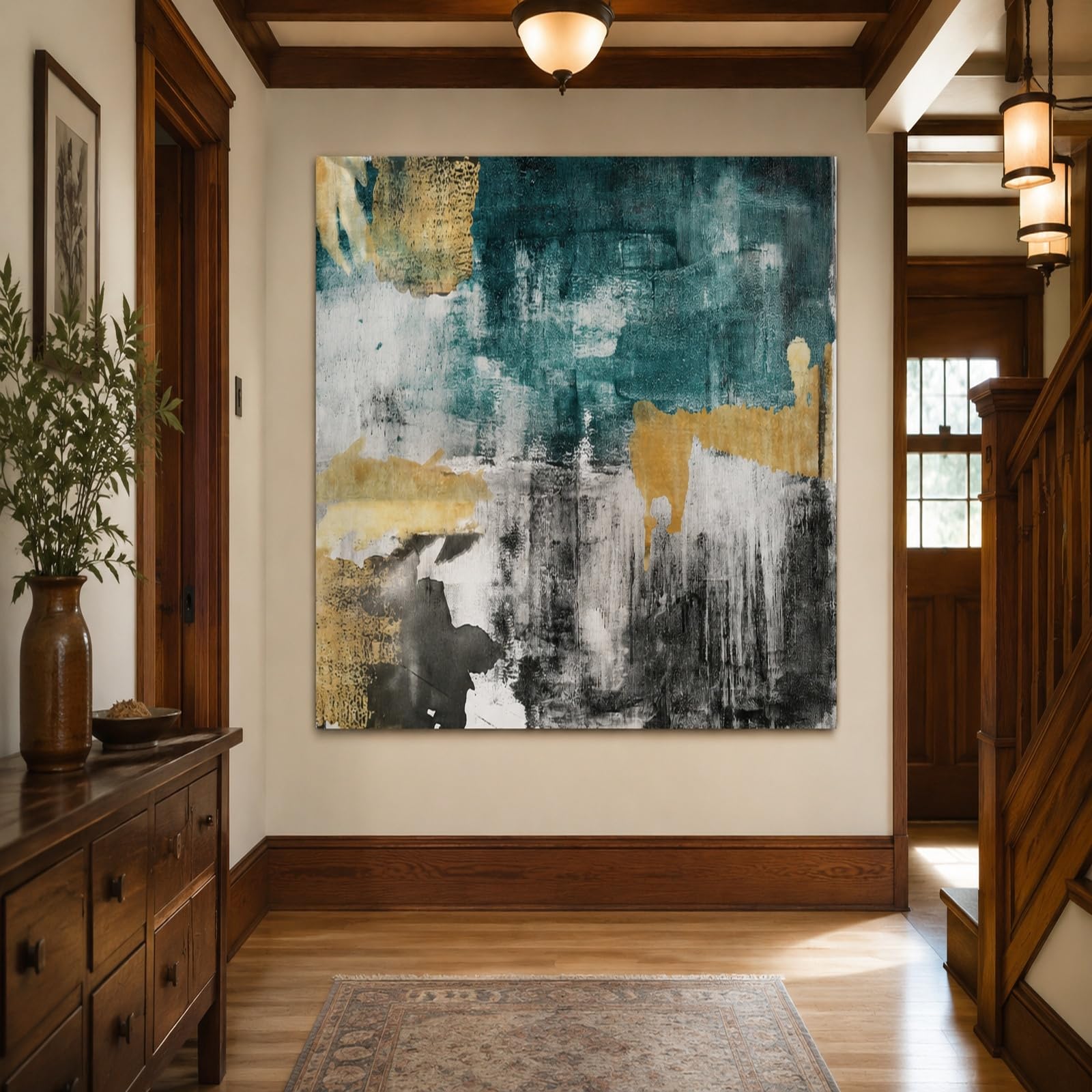 Gobeliny bardzo duże 180 x 230 cm, niestandardowy obraz logo tekst spersonalizowany gobelin wiszący na ścianie, abstrakcyjny, nowoczesny, żółty, niebieski, szary, czarny, biały,