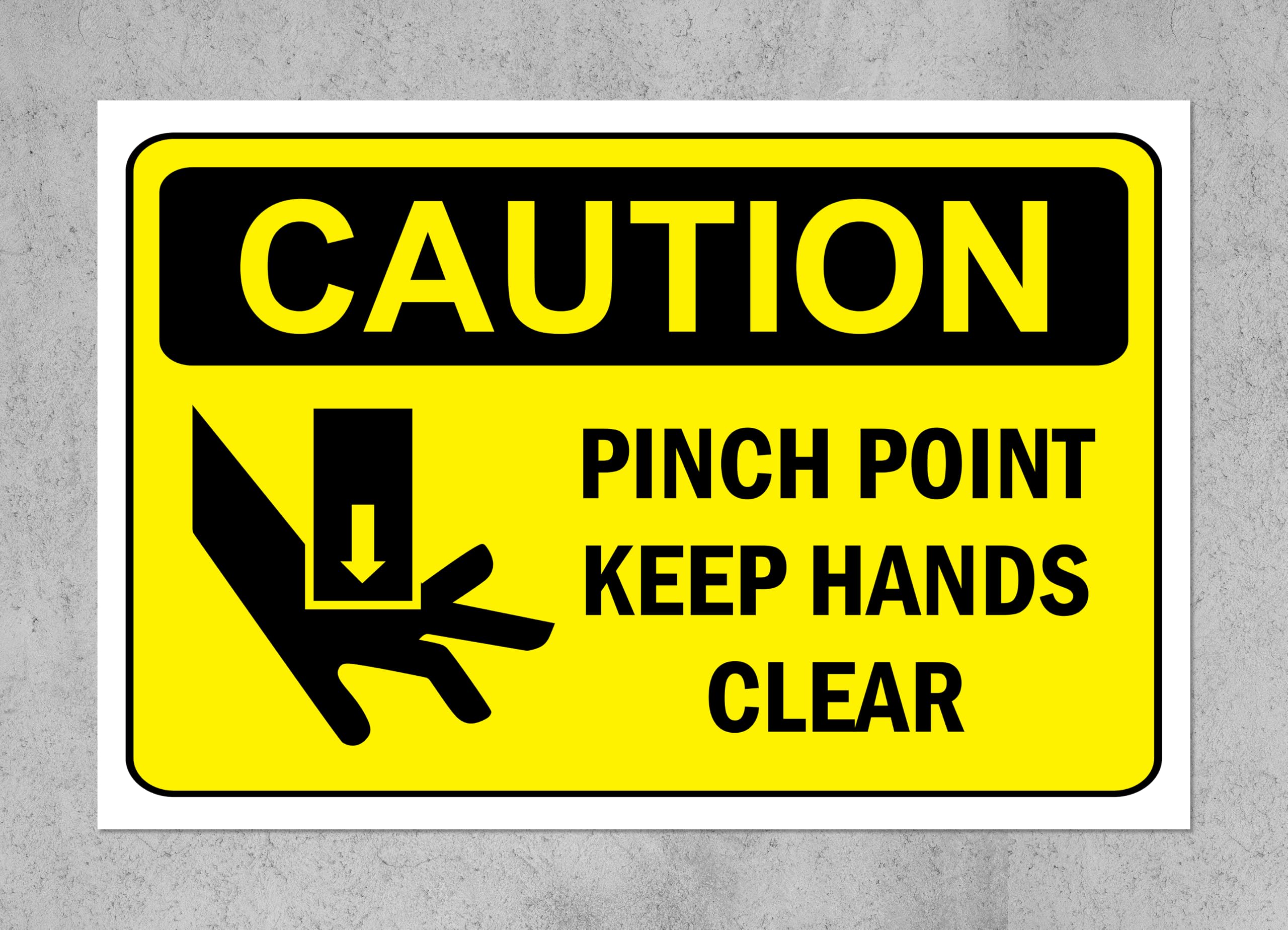 Caution, pinch point, keep hands clear, warning sign - Self adhesive sticker (200mm x 150mm)