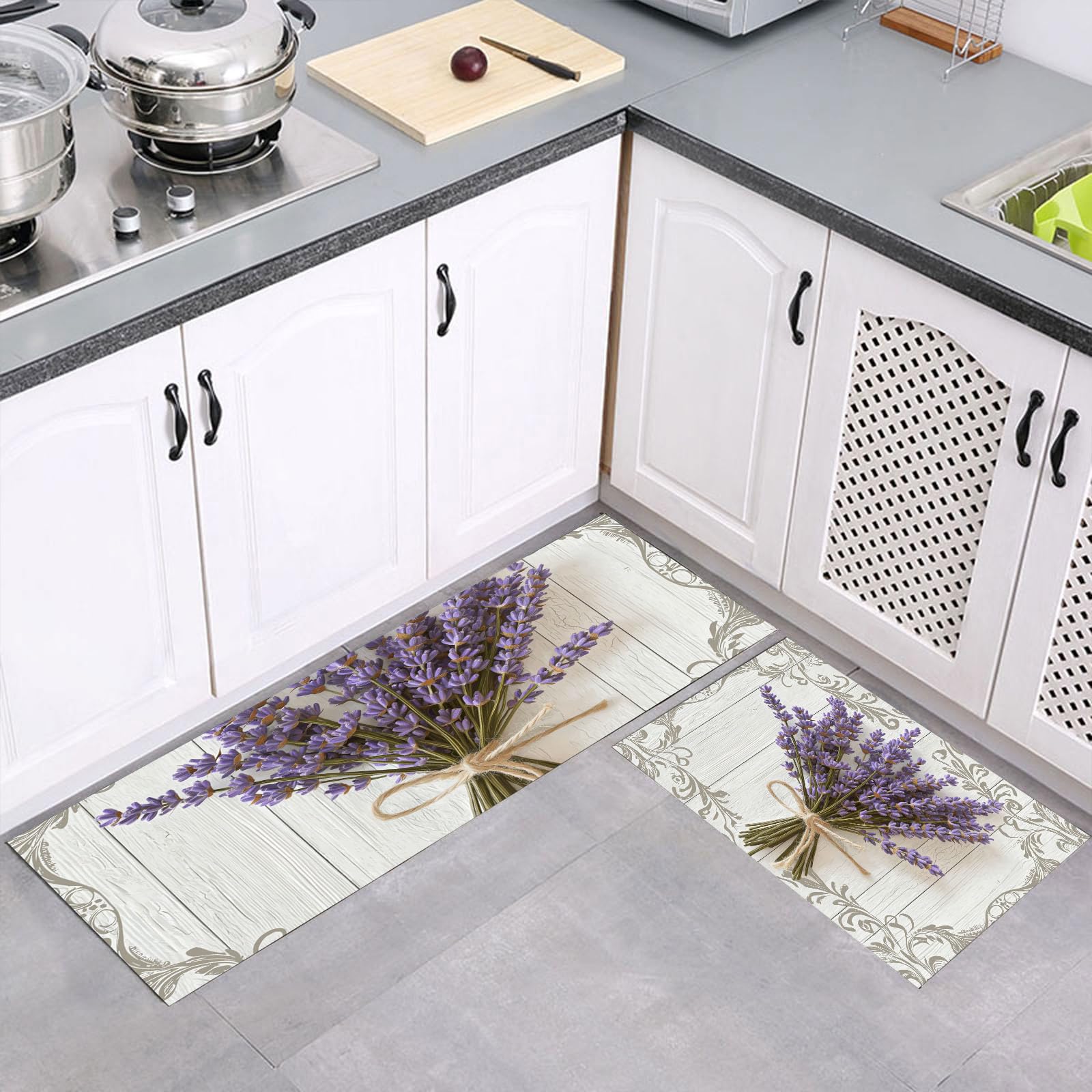 Tapis de cuisine lavable et antidérapant gris en lot de 2