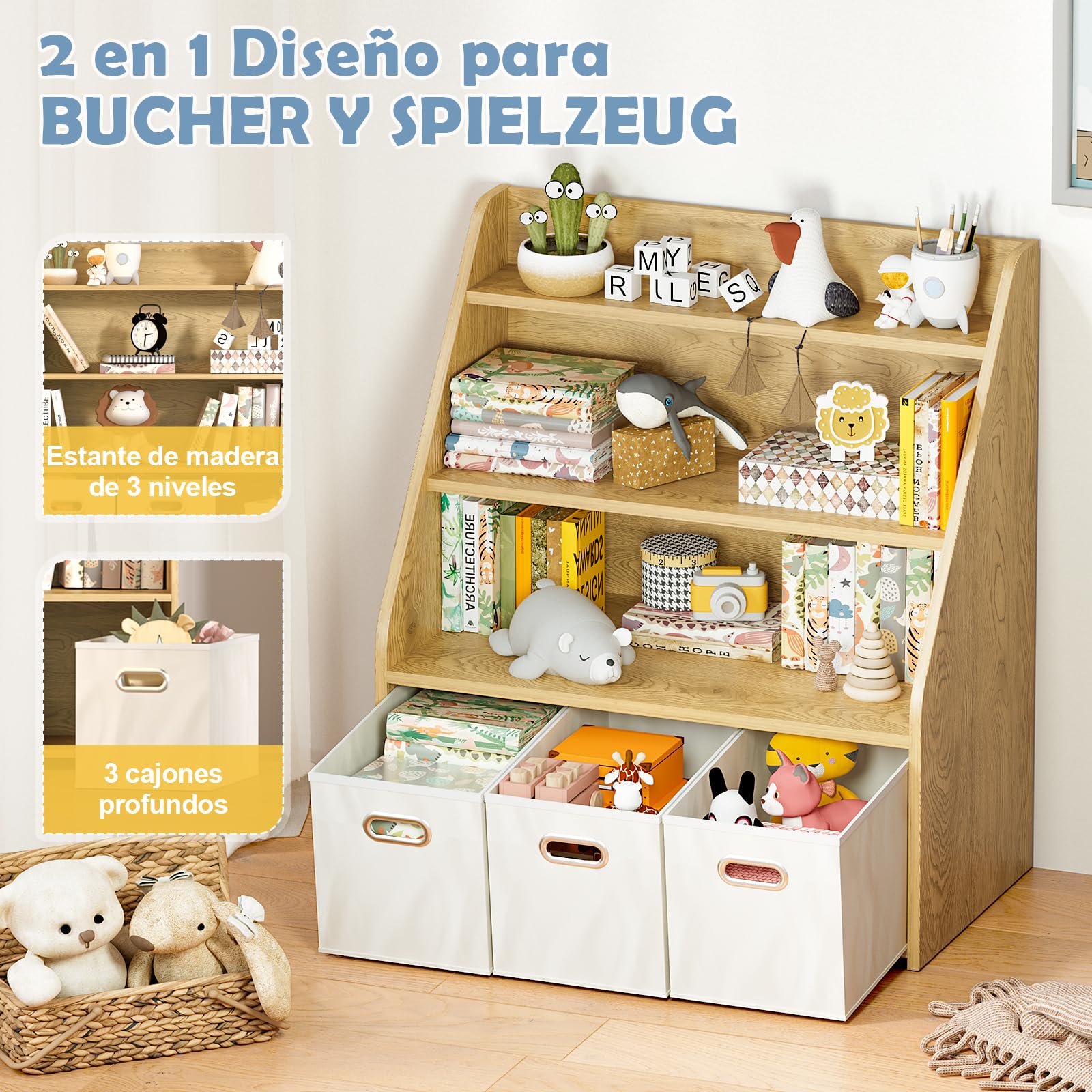 EFURDEN Organizador de Libros y Juguetes Montessori, Estantería Infantil con 3 Cajones de Madera - Sistema de Almacenamiento para Dormitorio, Decoración Habitación Niño/Niña