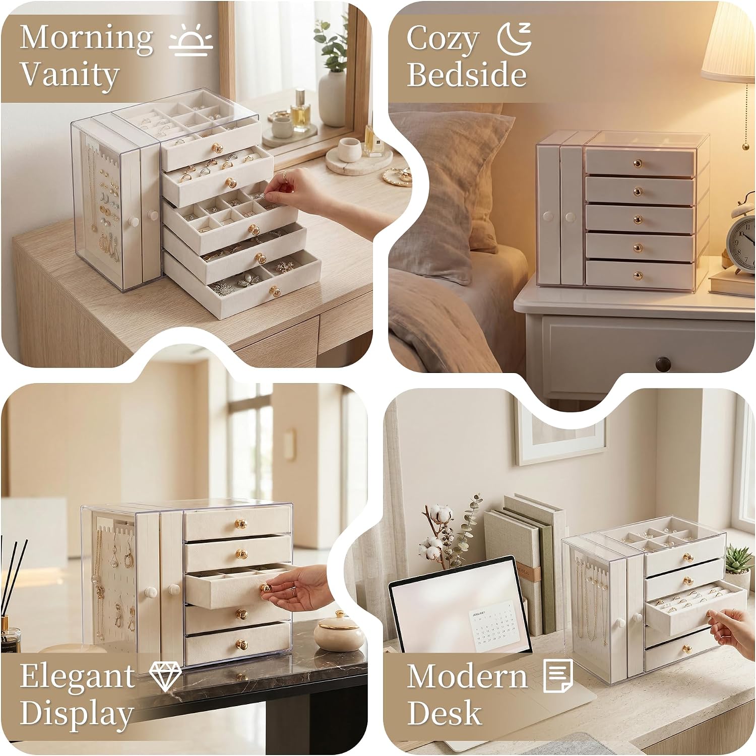 Jewelry Organizer with Clear Acrylic Display and Drawers, Dust-Protected Jewelry Storage Box for Necklaces, Earrings, Rings & Bracelets, Elegant Tabletop Organizer for Vanity, Bedroom or Desk, Ivory