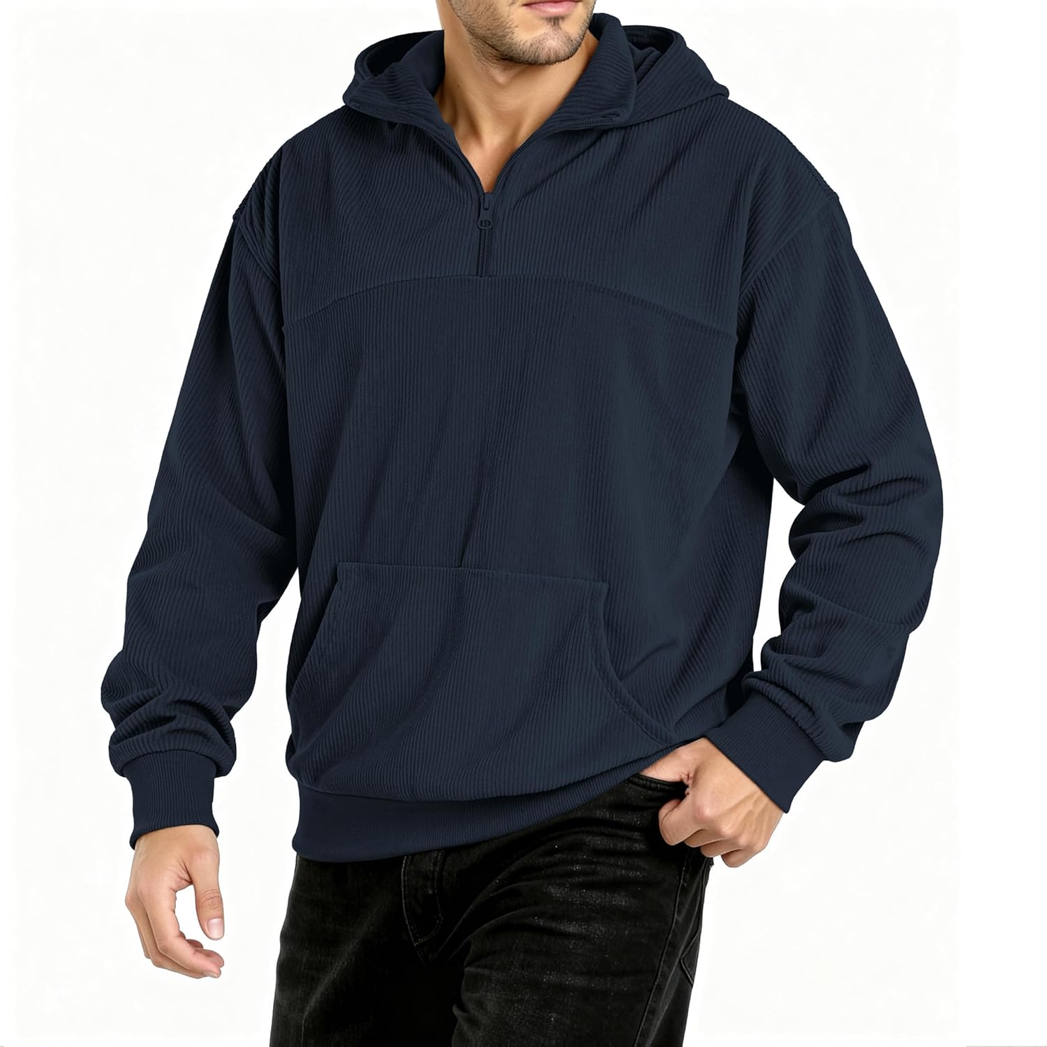 GINGTTO Mens Quarter Zip Pullover Hoodie Corduroy Sweatshirt Men Mock Neck - Image 2