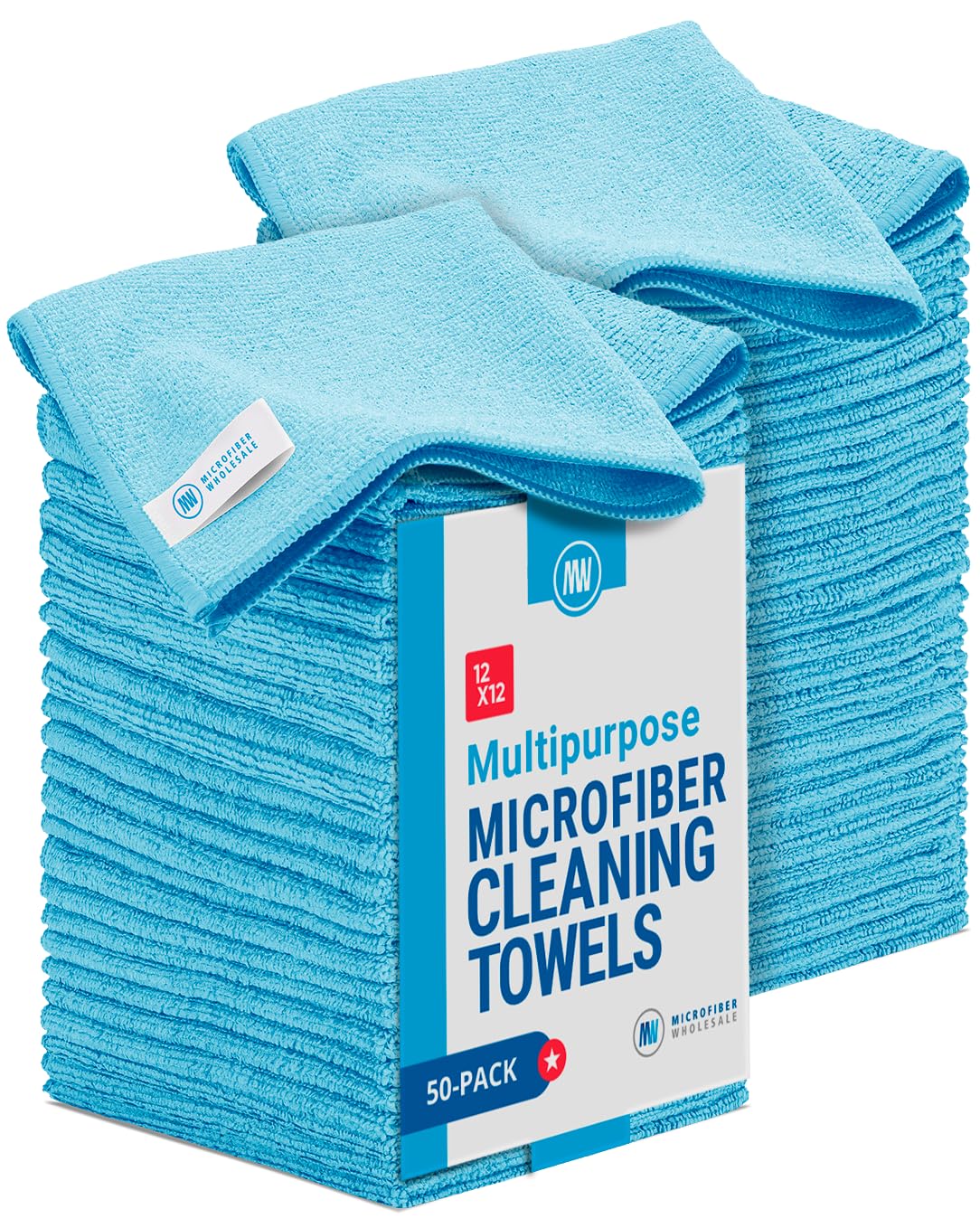 12" x 12" Microfiber Cleaning Cloths (50 Pack) - Reusable Towels, Wash Rags, Dust Cloth, All-Purpose: Kitchen, Dish, Cars, Shop, Glass (Blue)[Amazon-developed Certification] Compact by Design