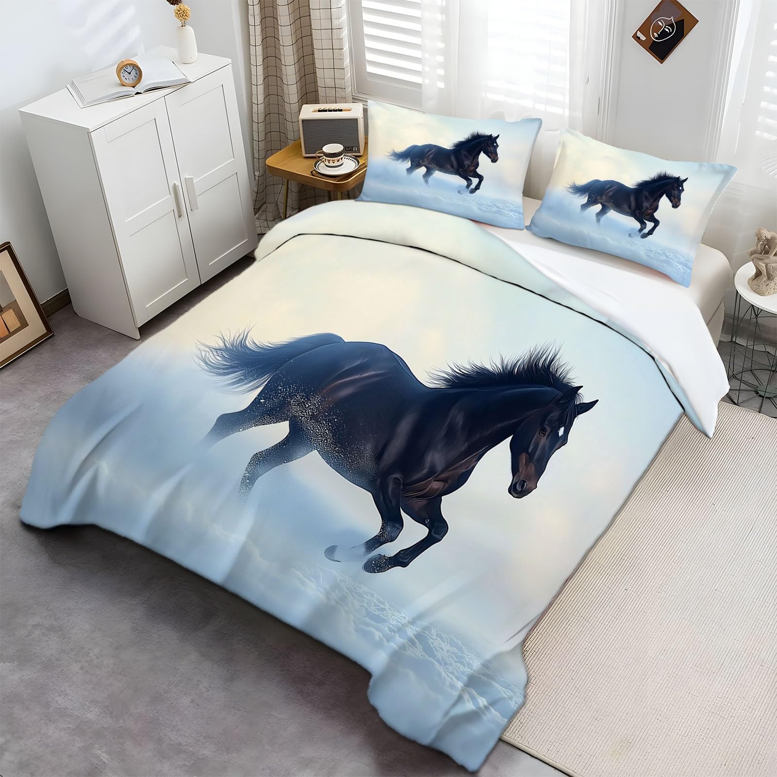 Funda Nordica Infantil para Cama 90 Caballo Oscuro En La Nieve Funda 150x200 cm y 2 Fundas de Almohada de 50x75 cm Suave Juego de Ropa de Cama 50% Poliéster y 50 Algodón