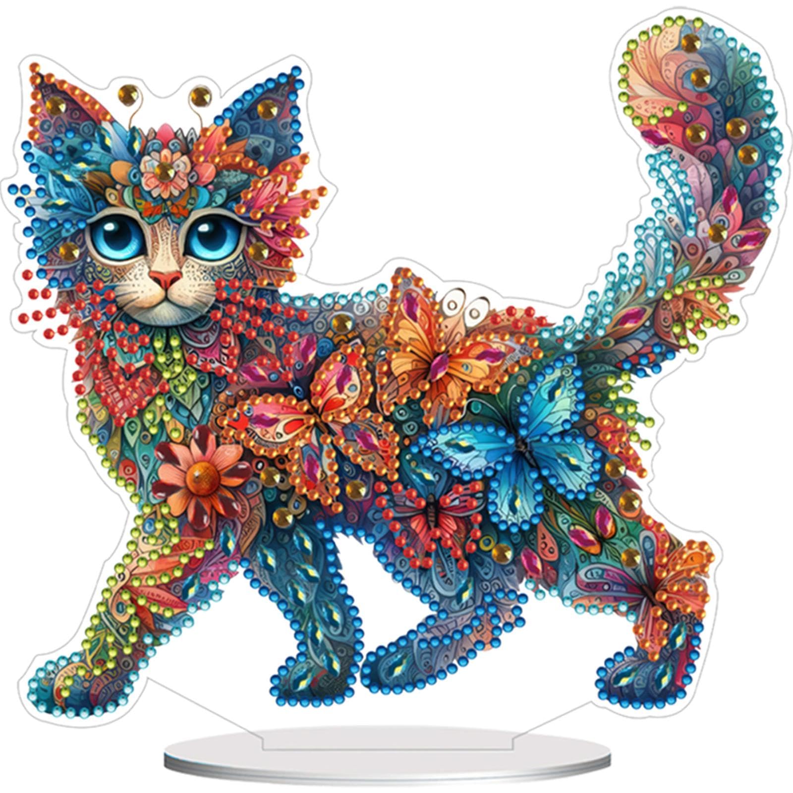 5D Diamond Art Kits for Adults, DIY Tabletop Ornament with Special Shaped Rhinestone, Diamond Dot Desktop Decor, Stand Up Gem Painting Fun Craft Gift for Beginners(Cat)