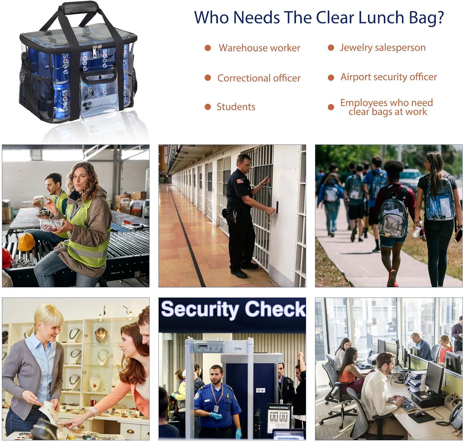 Clear Lunch Bags For Work, 24-Can Large Transparent Lunch Bag Stadium Approved, Clear Tote Bag with Adjustable Strap and Front Pocket for Men Women(12"x 9" x 9" Black)