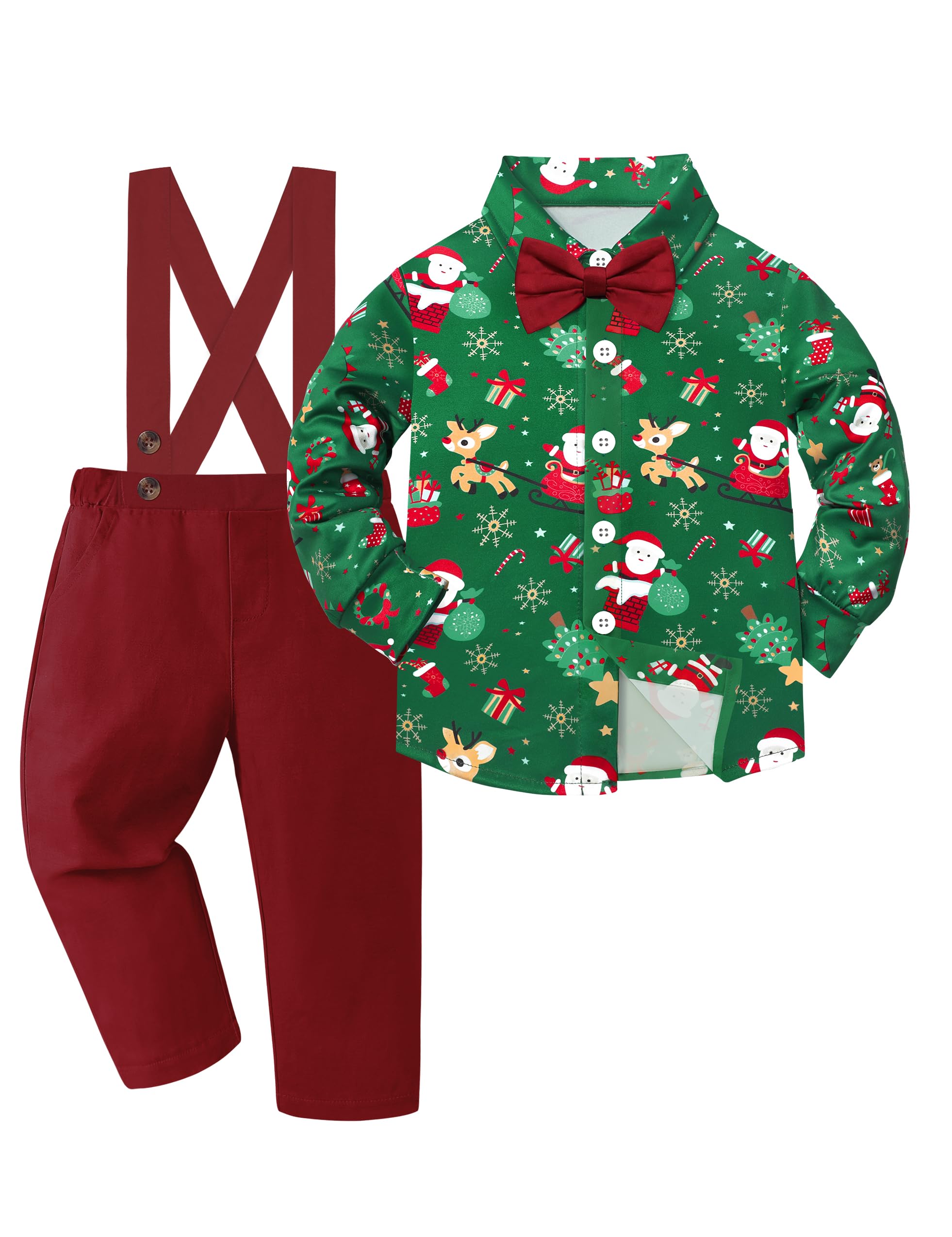 Weihnachtsoutfit für Babys, Kleinkinder, Jungen, Rentier, bedruckt, abnehmbare Schleife, Hemd, Oberteil, Hosenträger und Hose, Sets für Jungen