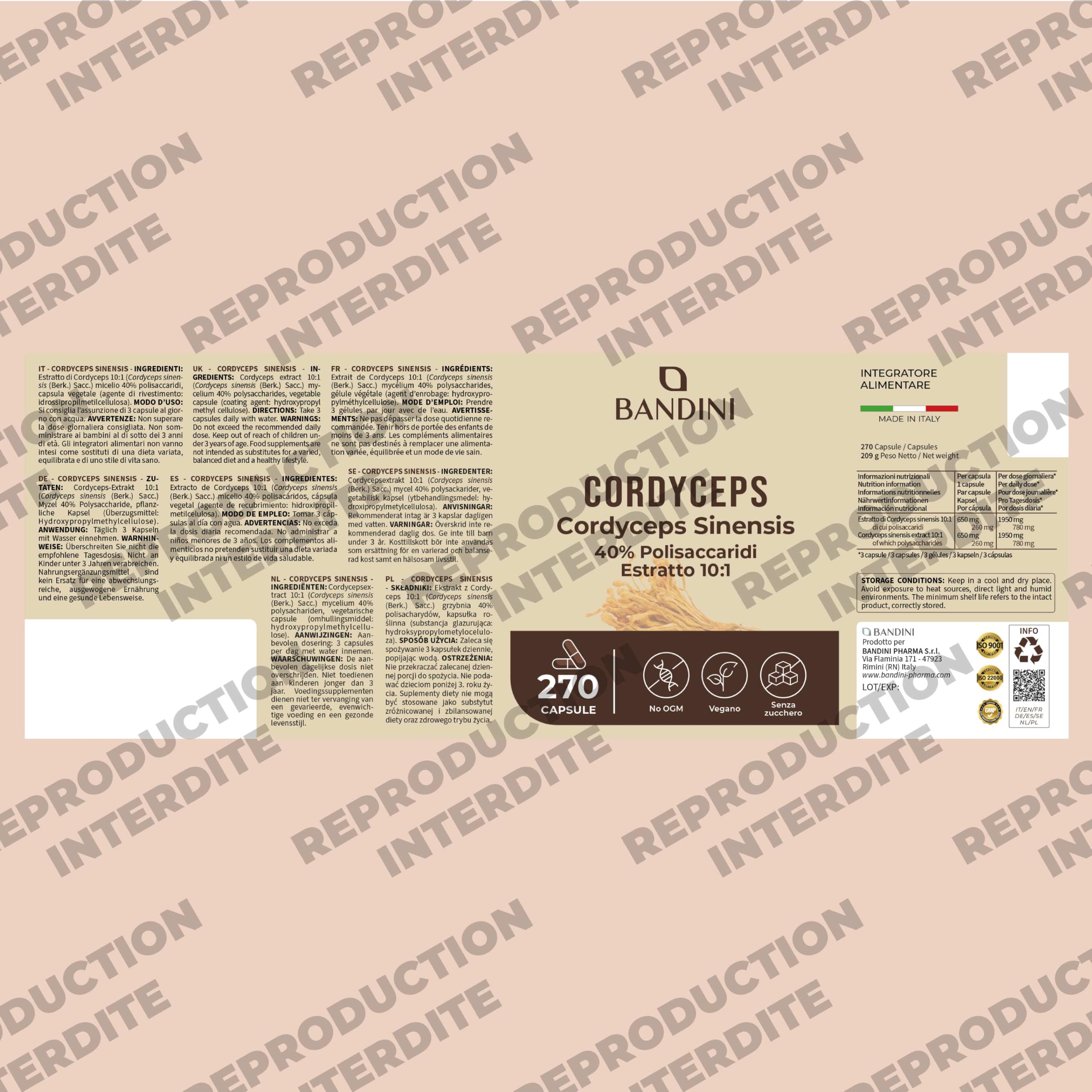 Bandini® Cordyceps Sinensis 6.500mg - 270 Gélules - Extrait de champignon vital CS-4 (10:1) - Énergie & Performance Sportive - 40% de Polysaccharides Bioactifs - Sans Additifs, Vegan - Pour 3 mois
