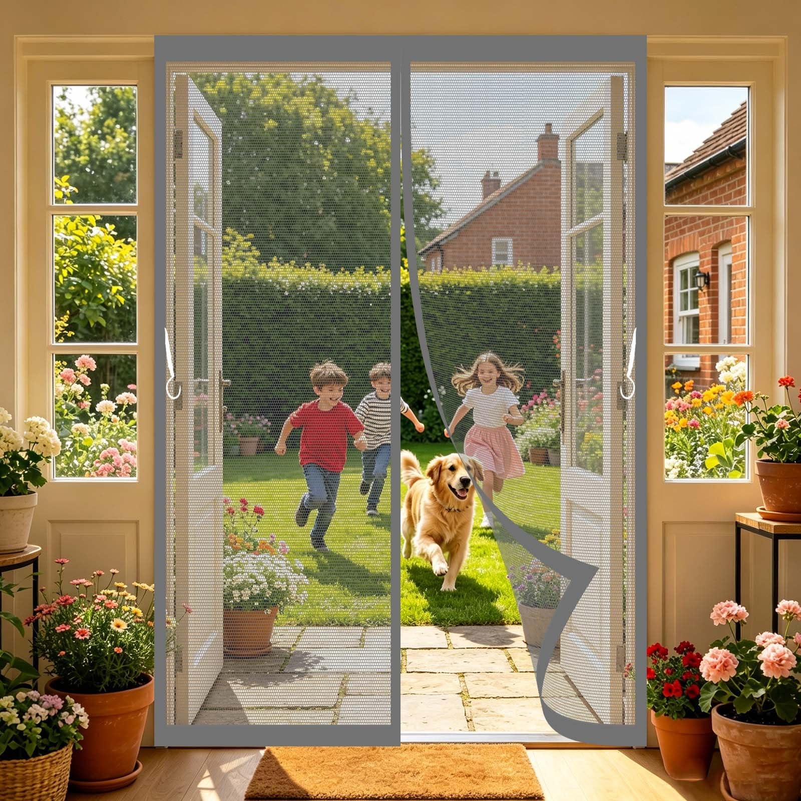 Guoyfen Grey Magnetic Screen Door 132 X 189 Cm No Drill Installation, Powerful Magnets, Full Frame Magic Tape Door Fly Screen Curtain With Magnetic Mesh Mosquito Net For Patio Balcony,