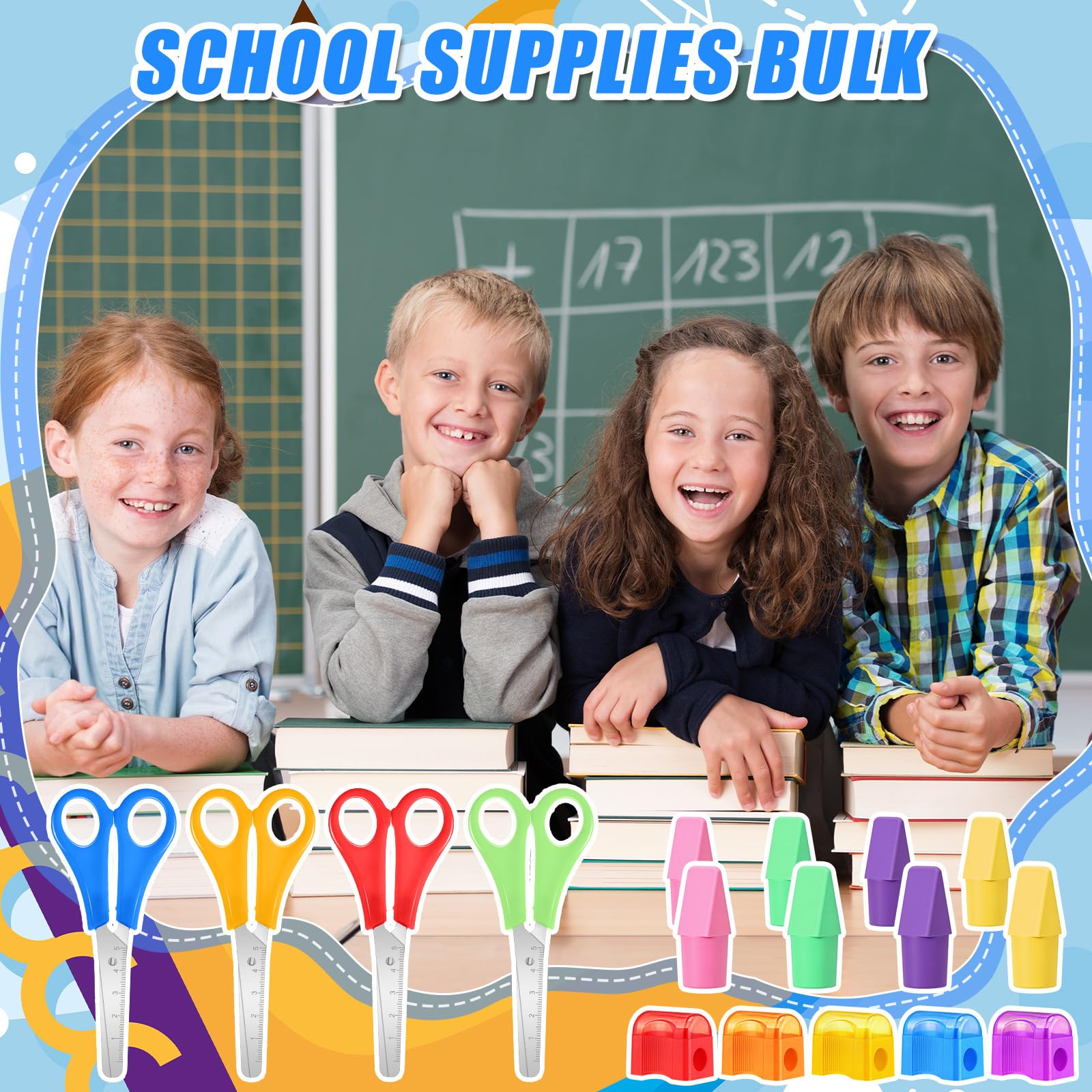 AmazingSpark Kit de 180 fournitures de rentrée scolaire pour enfants comprenant des gommes à crayon, des ciseaux d'étudiant de 12,7 cm, des taille-crayons miniatures pour étudiants, salle de classe