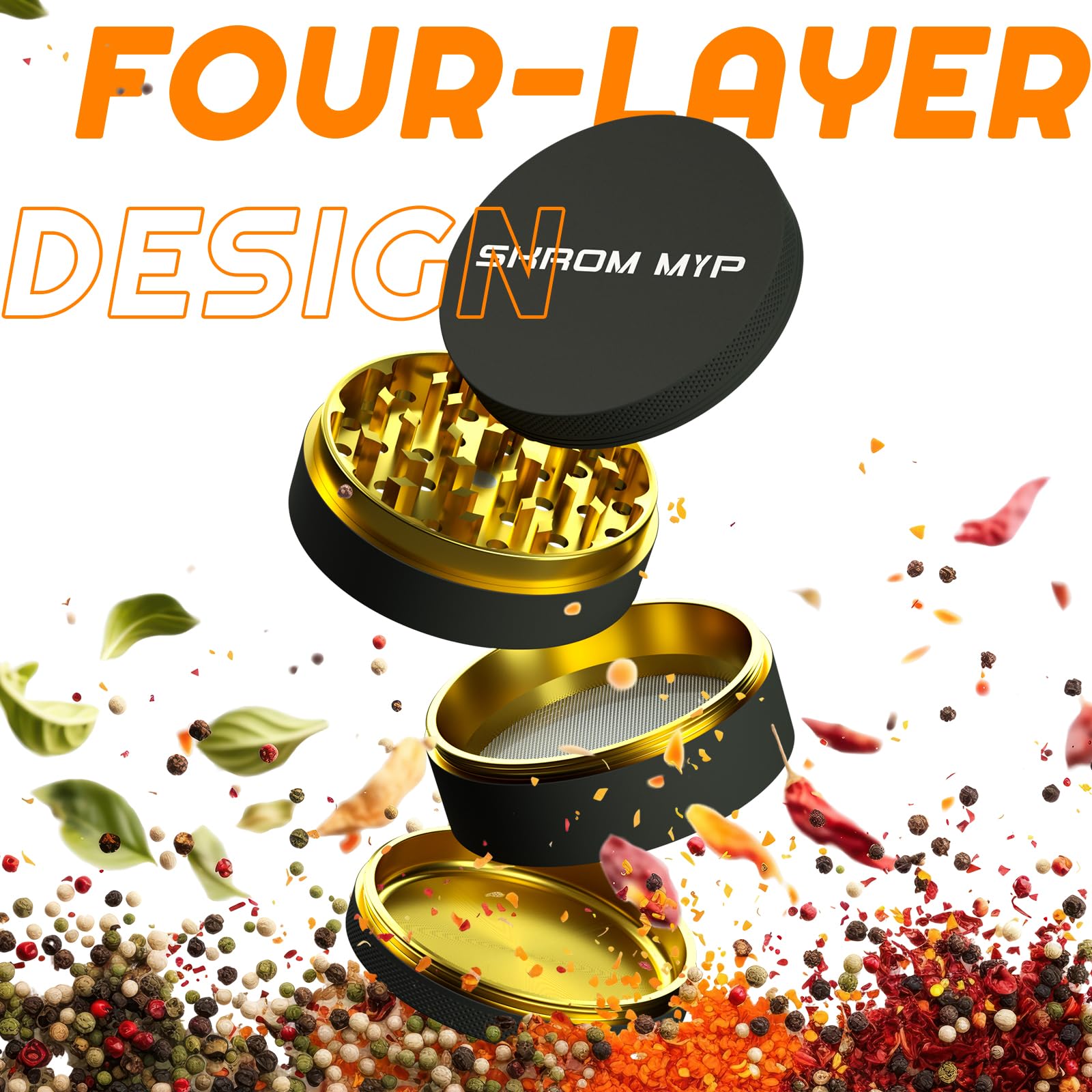 Grinder e Tritatore Set 4 Pezzi, Grinder Grande 75mm per Erbe, Lega di Alluminio con Raschietto per Polline per Spezie, Erbe, Condimenti (Nero/Oro)