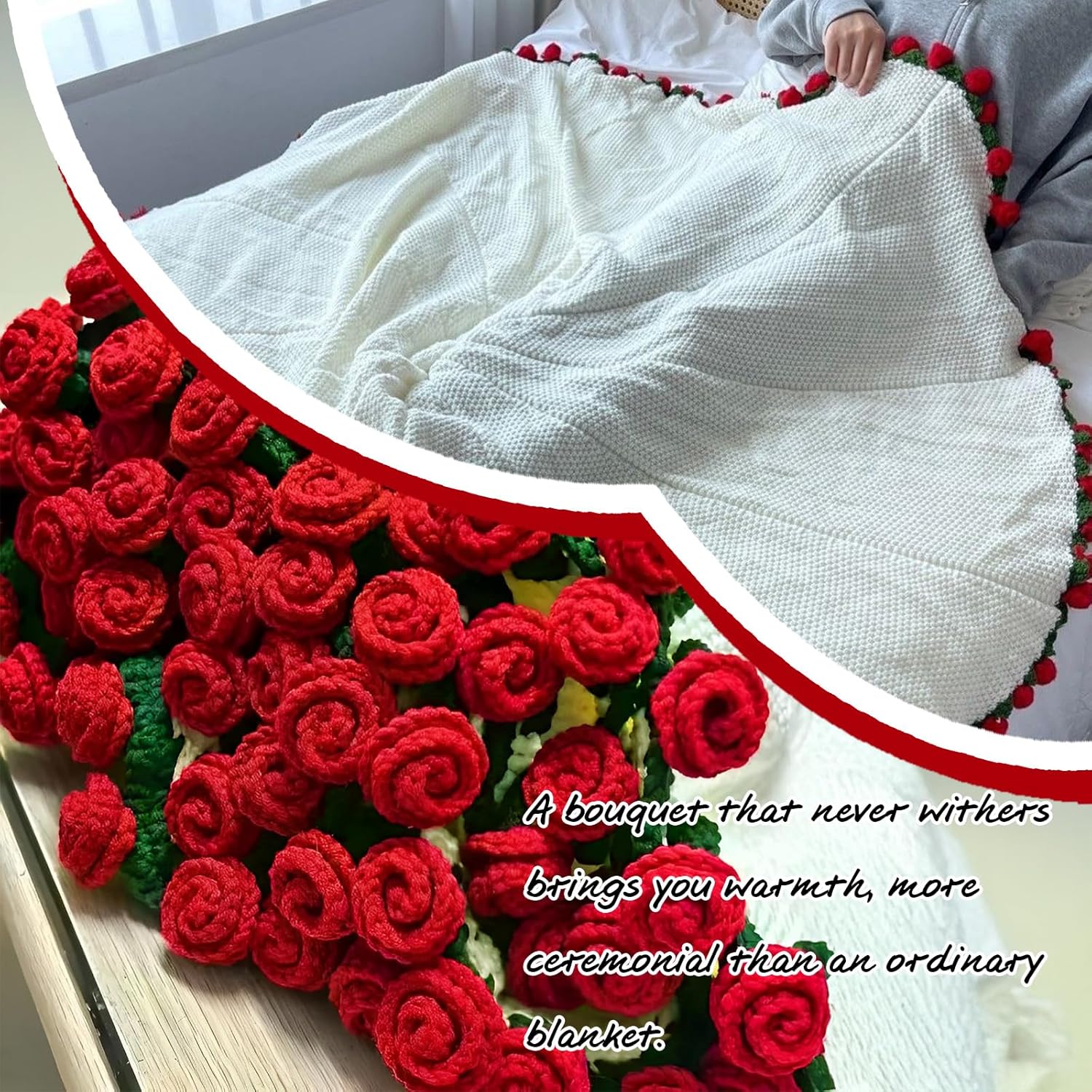 Crochet Flower Rose Bouquet Blanket for Girlfriend DIY Handmade Blanket Soft and Lightweight Romantic Knitted Throw Blankets Gifts for Mother's Day Birthday Home Decor Red 33 Flowers 31.5 Inch