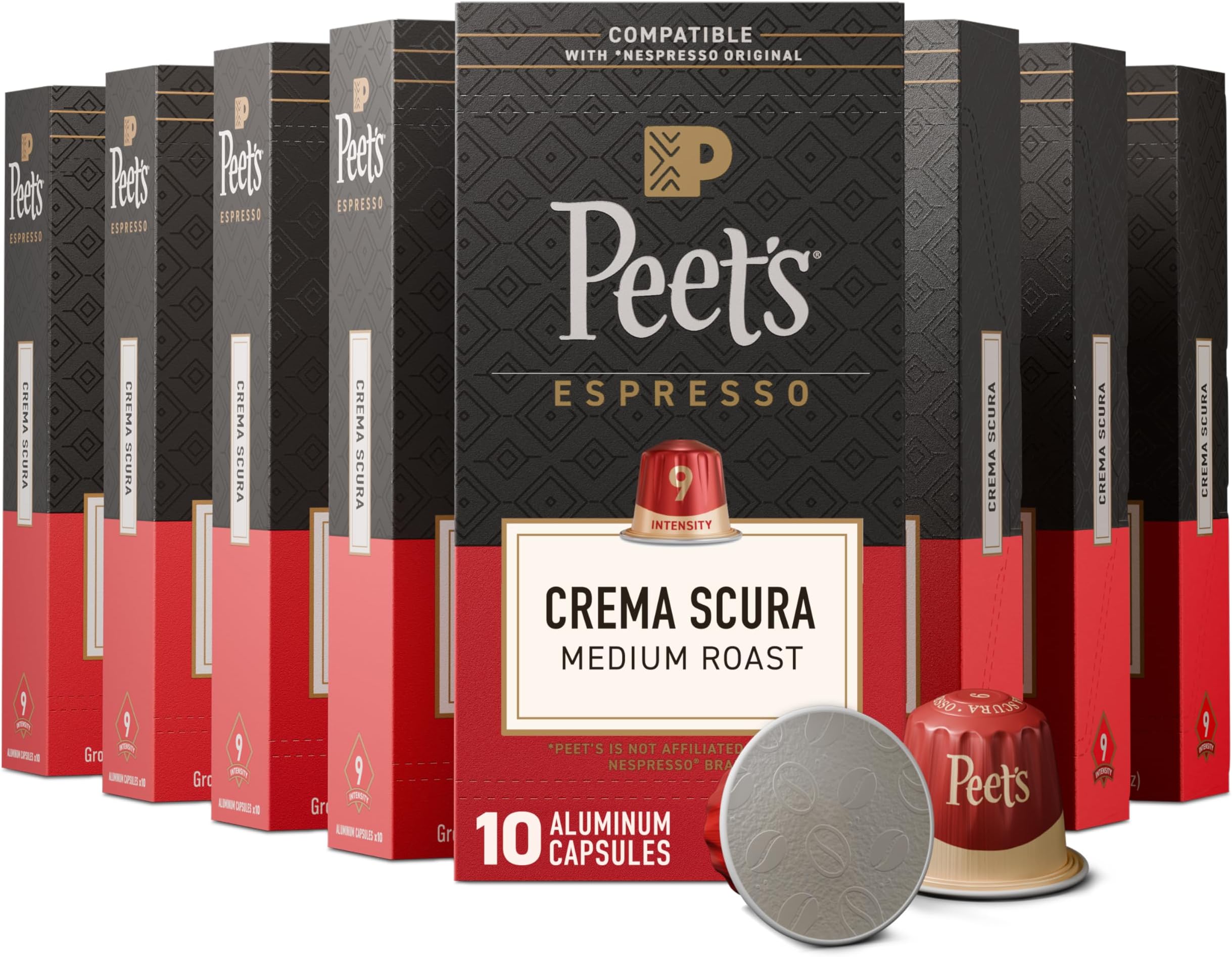 - Medium Roast Espresso Capsules, Compatible with Nespresso Original Machine, 100% Arabica Coffee - Crema Scura Intensity 9, 100 Count (10 Boxes of 10 Espresso Capsules)