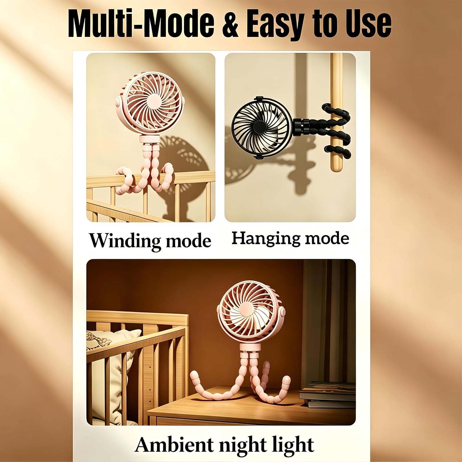 3 Inch USB Rechargeable Octopus Mini Fan, Flexible Tripod & Phone Holder, Quiet Safe Stroller Fan for Baby, Outdoor, Desktop & Handheld Use (White, Small)
