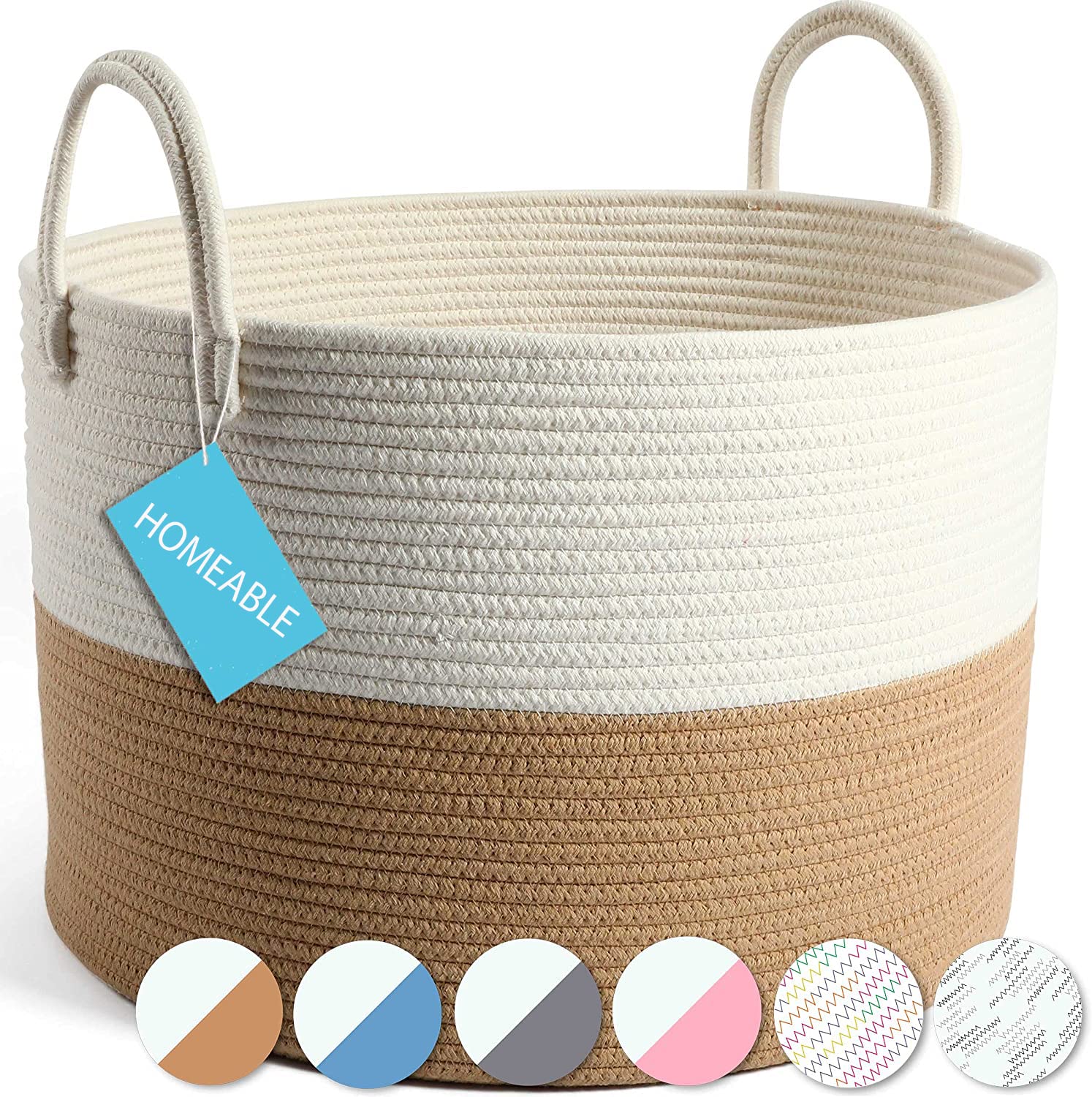 Large Woven Basket for Storage | Big Blanket Holder for Living Room and Bedroom | Round Laundry and Toy Container (Wide 20x13, Honey/White)-image-16