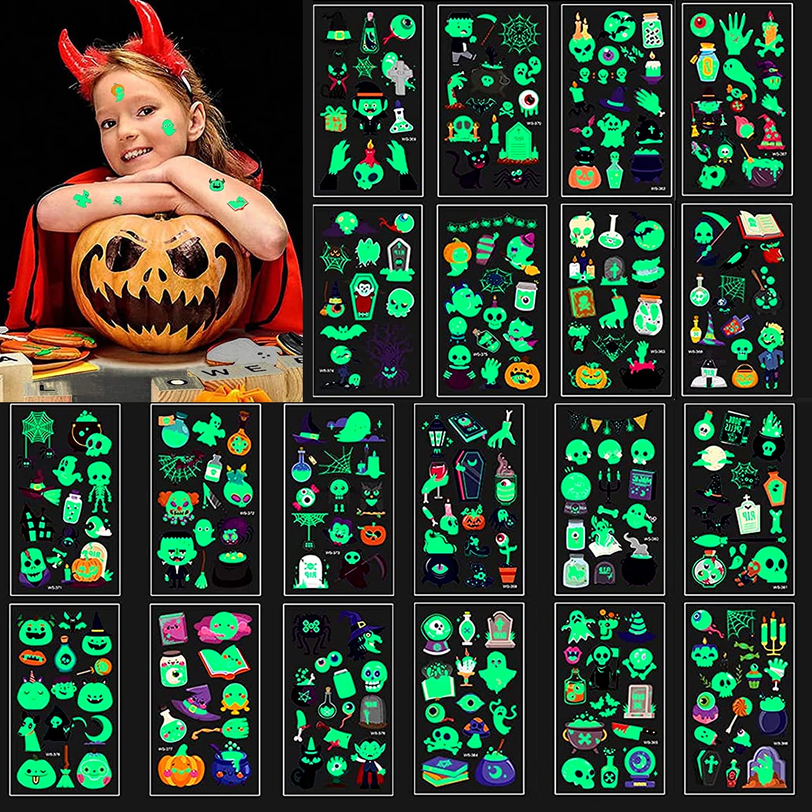 30 Fogli Tatuaggi Temporanei per Bambini Halloween Tatuaggi Set