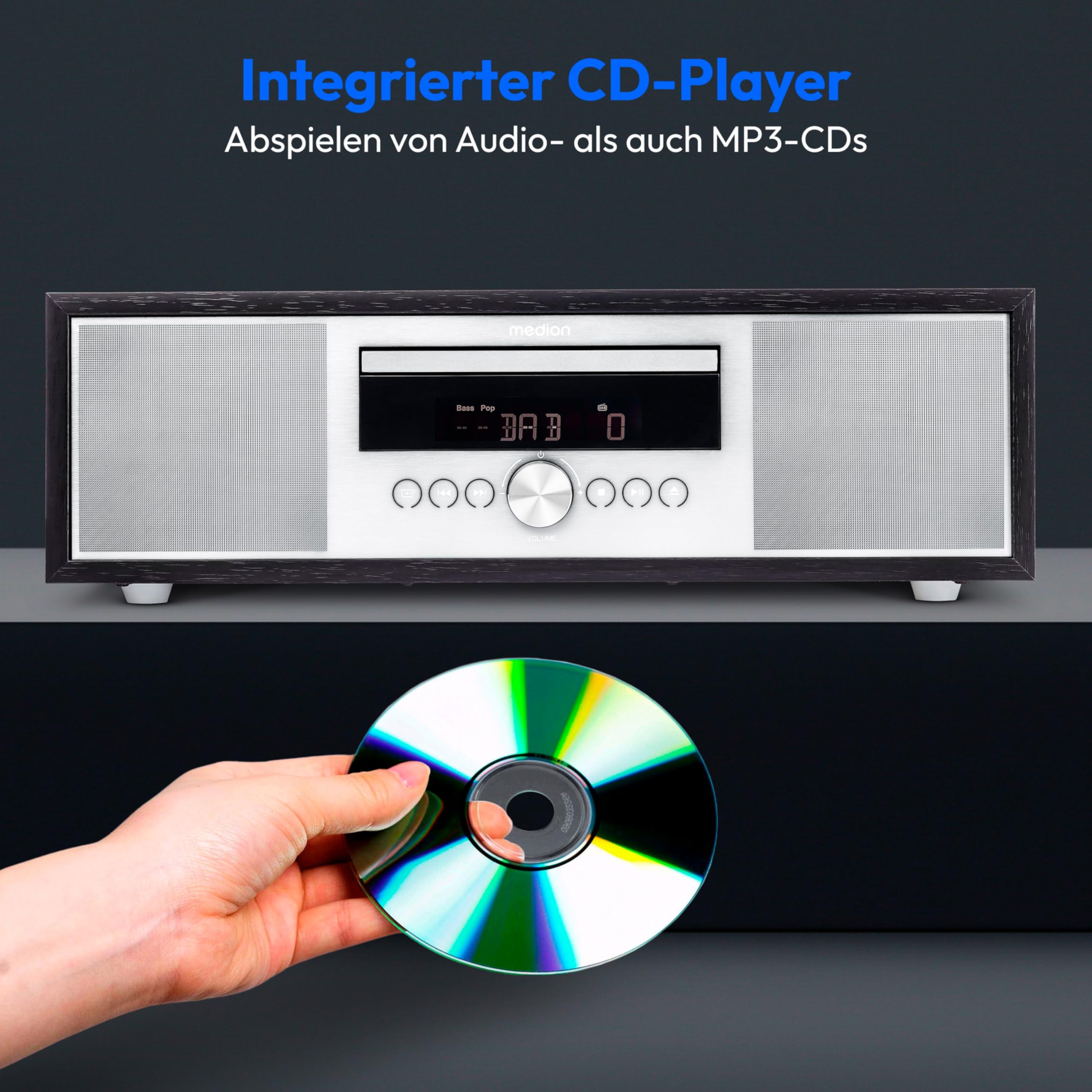 MEDION P64145 Stereoanlage (DAB+, CD, MP3, PLL UKW Radio, USB, Kompaktanlage, Elegantes Design, Weckfunktion, Sleep Einschlafautomatik) schwarz-Silber