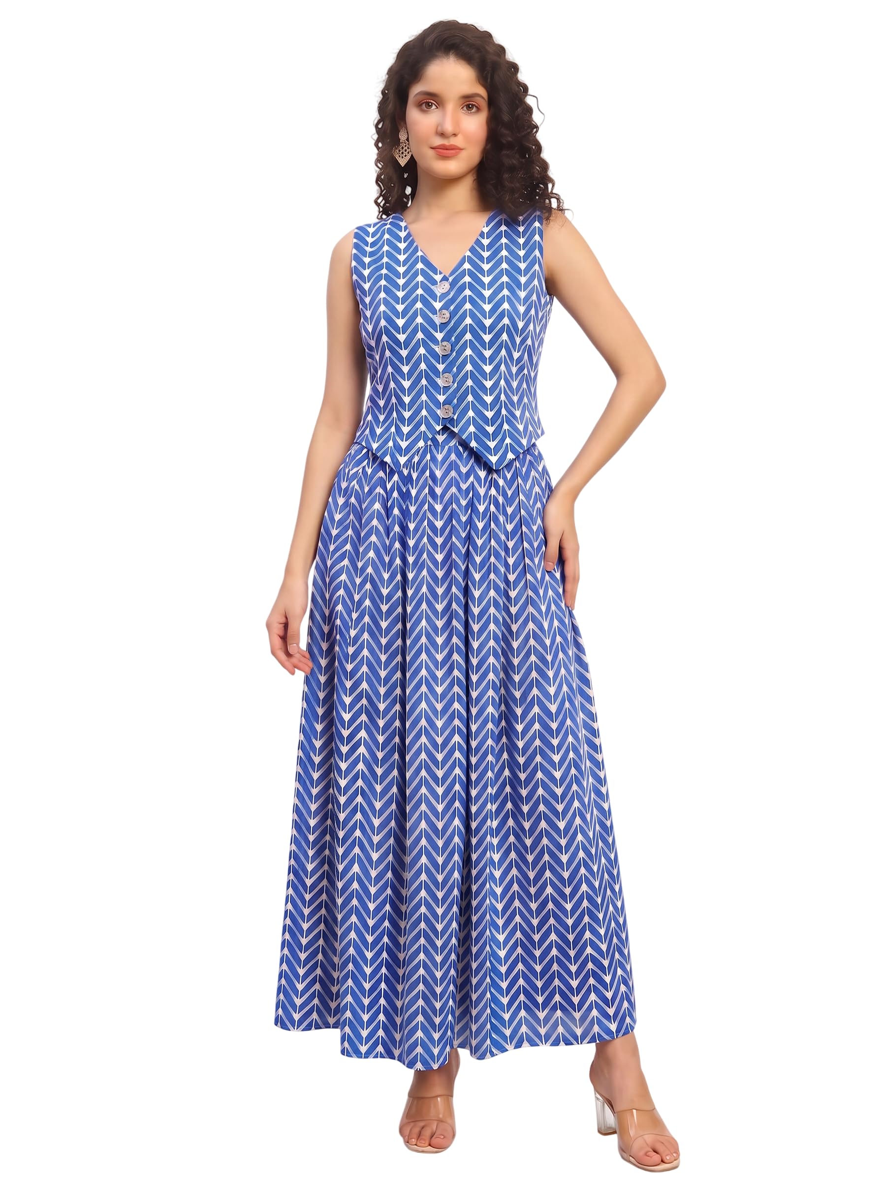 deebaco Printed Waistcoat & Flared Skirt Co-Ord Set for Women's|Sleeveless V-Neck Loose Fit Casual Fashionable Co-ord Set|Ladies Party Casual Wear Outfits Summer Stylish Collection (Blue)-picture-30