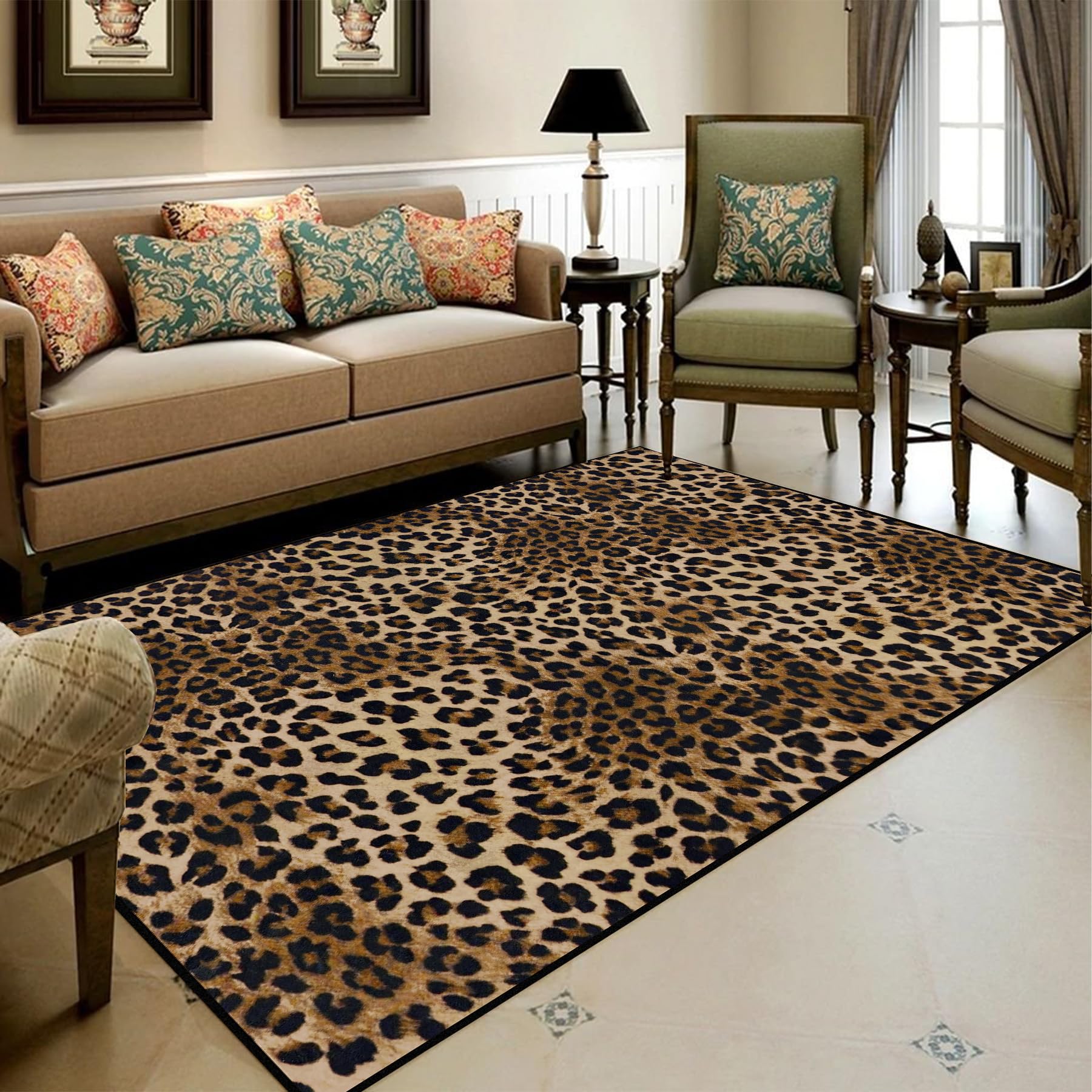 Aukib Leopard Rug 5x7 Washable Animal Print Rug Living Room Large Carpet Soft Non-Slip Non-Shedding Brown Carpet for