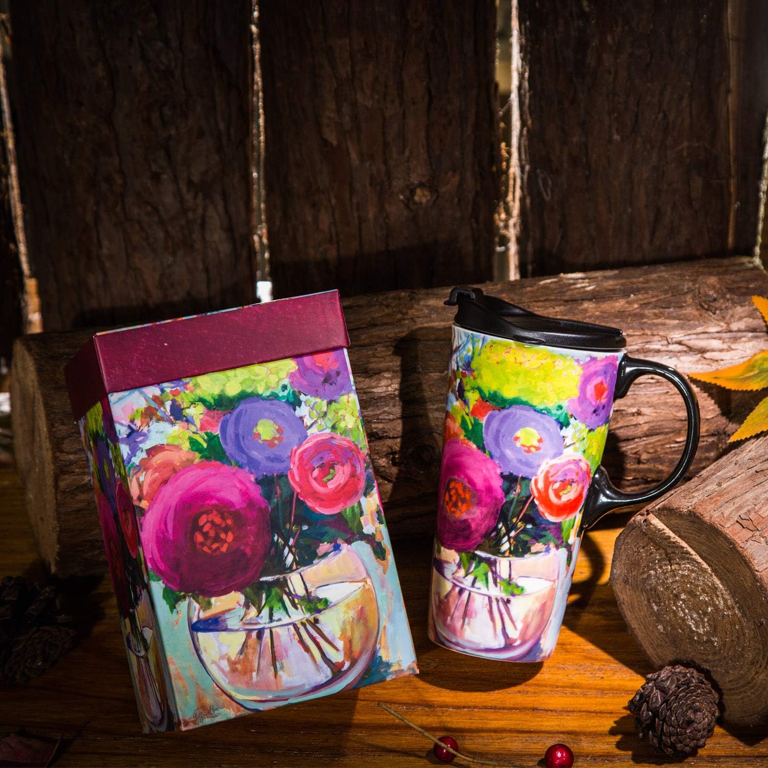 Topadorn Ceramic Travel Mug Large Coffee Mug with Lid & Handle, Ceramic Latte Mug with Matching Box, Flower - Image 4