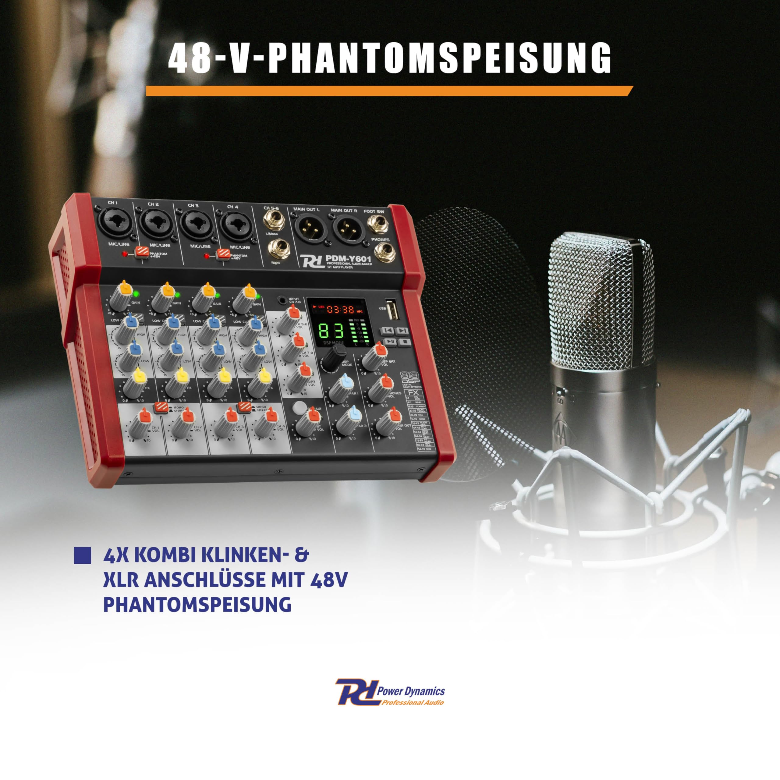 Power Dynamics PDM-Y601 6-Kanal Audio Mixer Mischpult Bluetooth, 48V Phantom Power, Soundboard PC, USB MP3 Audiomischpult Studio, Aufnahmen, 99 DSP Effekte, 24bit, 48kHz, Klinke, XLRY
