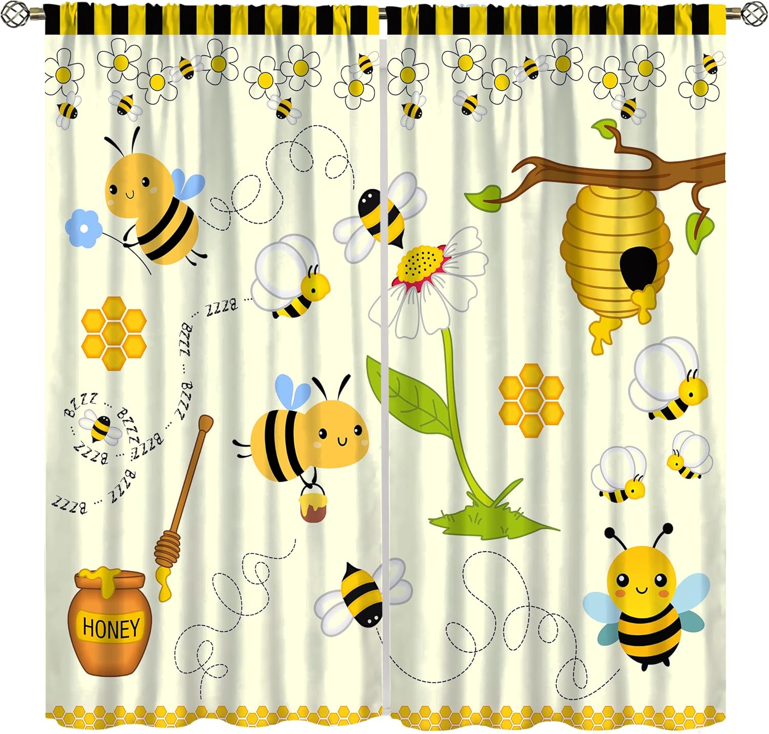 Bees Sunflower Blackout Curtains Flowers Honeycomb Honey Branches Digital Collage Kids Doodles Window Treatments for Kitchen Living Dining Kids Room Bedroom 42" W X 63" L