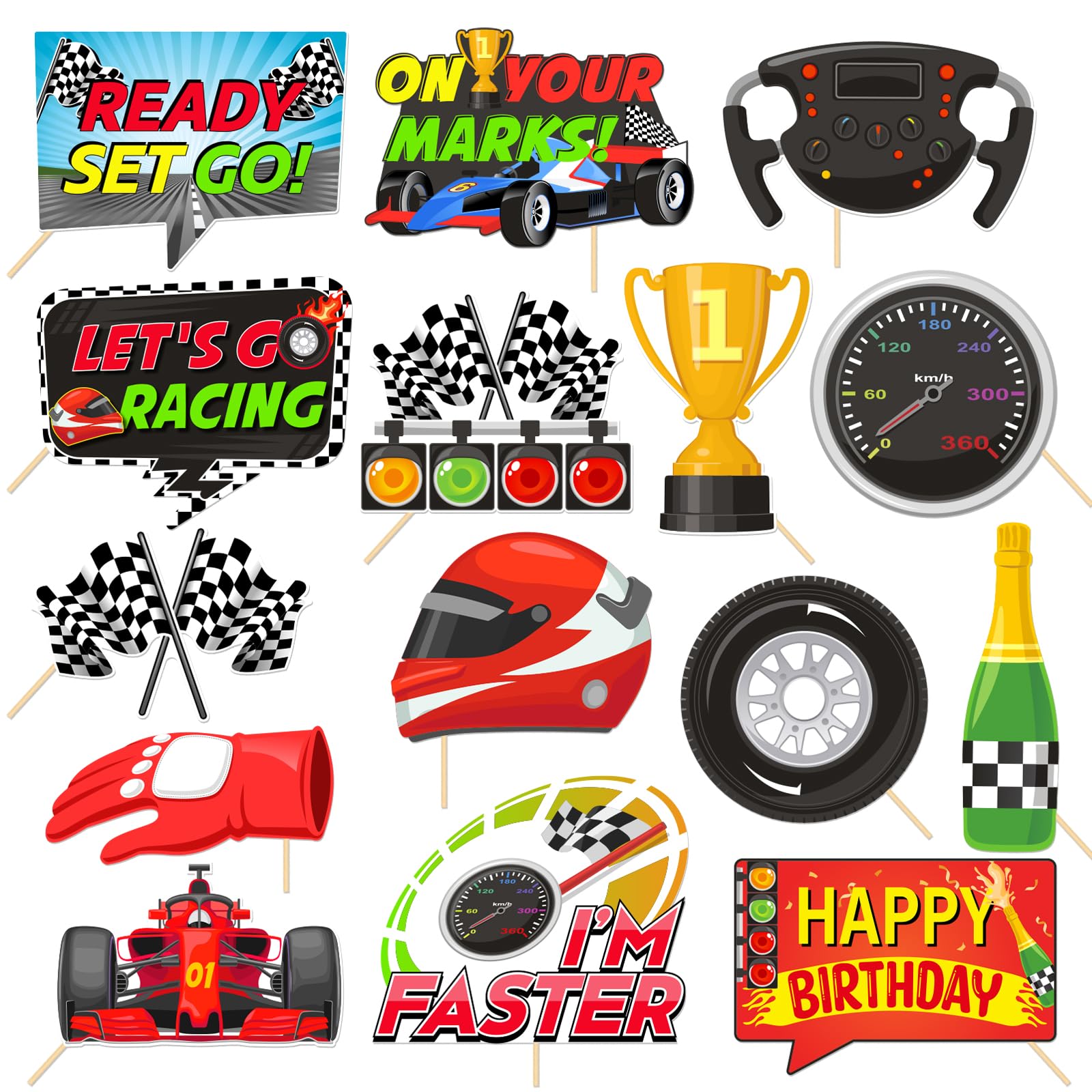 Racing Themed Photo Booth Props, 15 Pcs Race Car Birthday Baby Shower PartySelfie Props, Let's Go Racing Party Decoration Supplies
