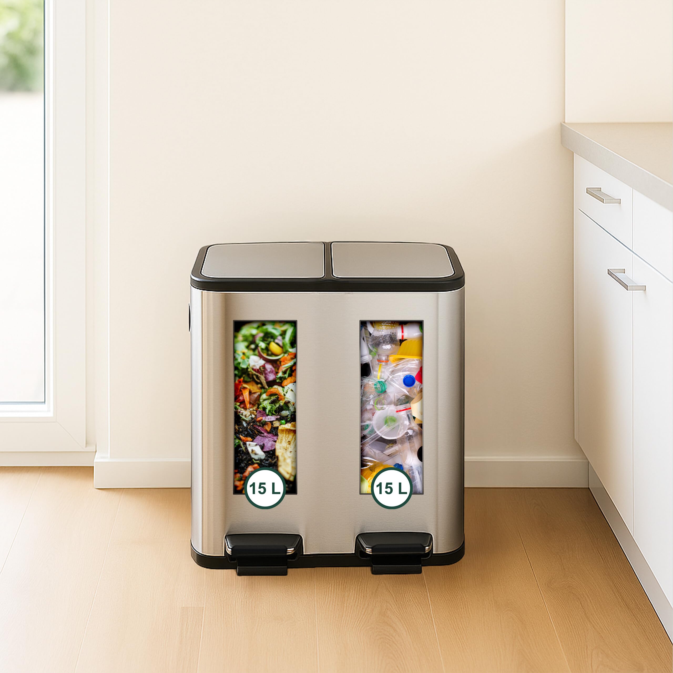 Relaxdays Pattumiera a Pedale da Cucina, 2 Scomparti 15 L Raccolta Carta e Plastica, Coperchio Silenziosa, Argentato