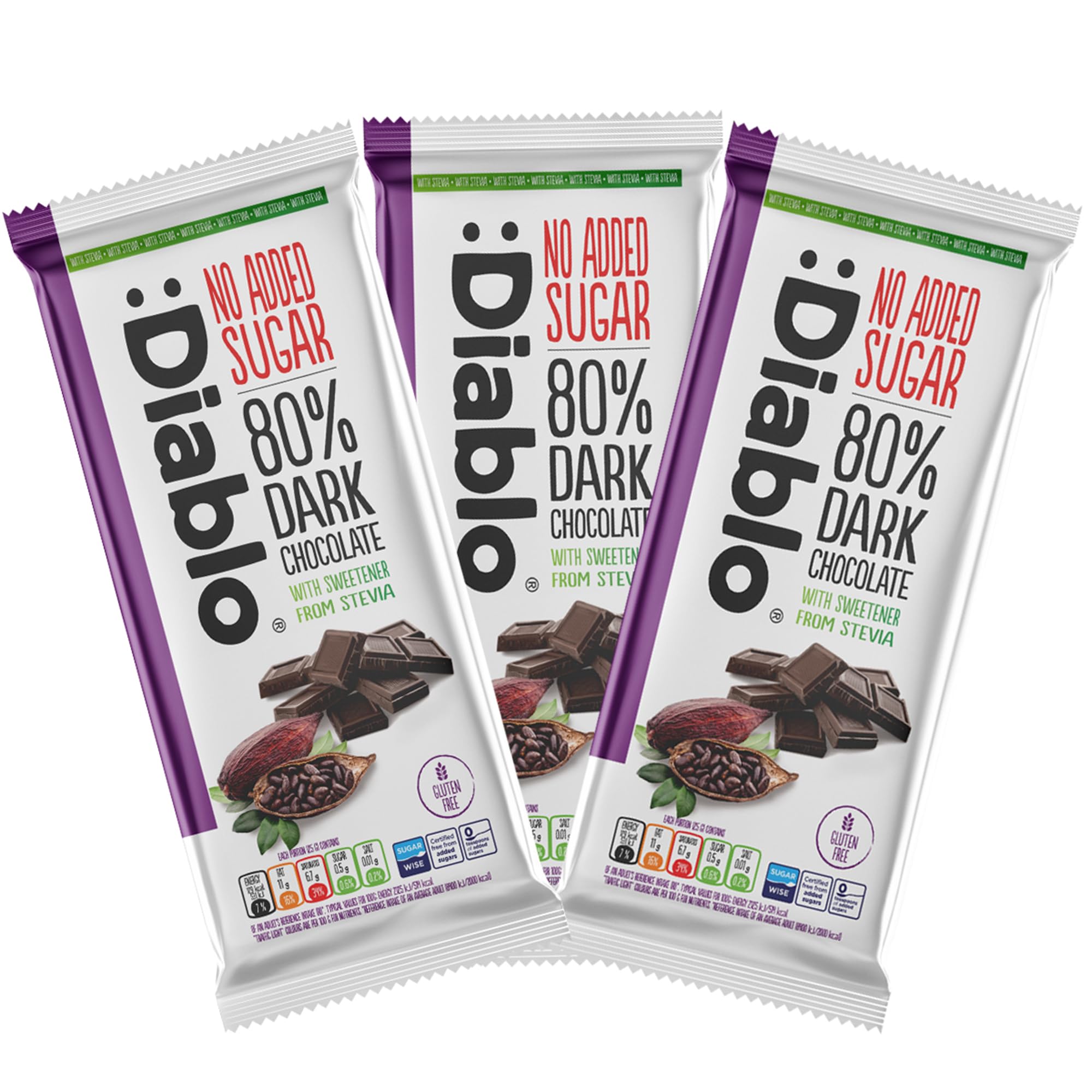 Diablo No Added Sugar 80% Dark Chocolate – No Added Sugar Chocolate Bar, Sweetened with Stevia, Gluten Free, Ideal for Any Occasion, Birthdays, Valentines, or Gift Hampers, 75g (Pack of 3)