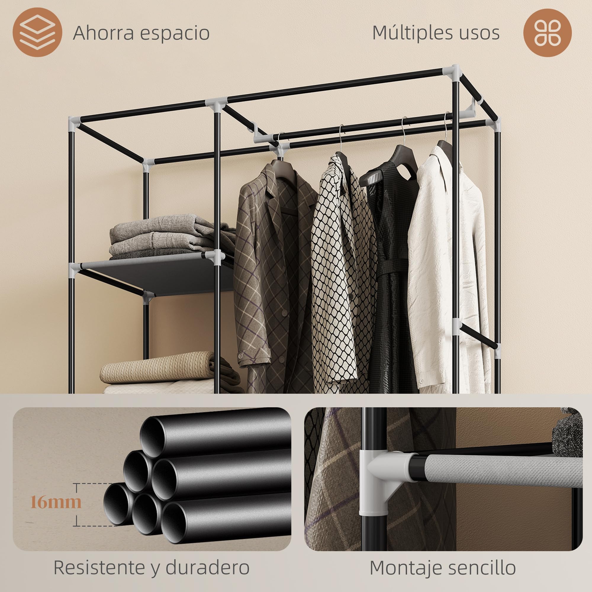HOMCOM Armario de Tela con Ruedas, Armario Portátil, con Barra para Colgar, 6 Estantes, Marco de Acero, para Dormitorio, Vestidor, 103x43x162,5 cm, Gris Claro