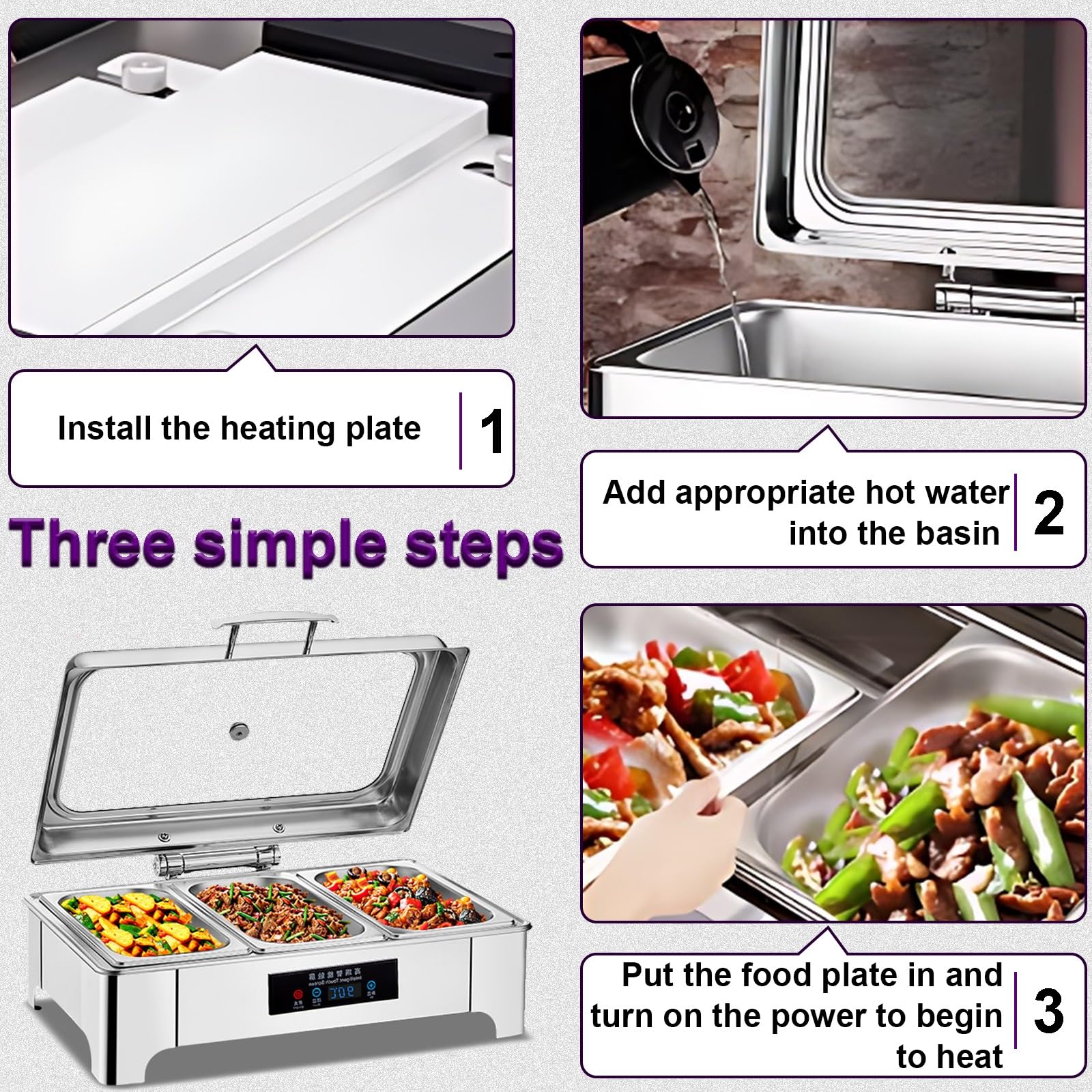 Chafing Dish Elettrico, 9L Scaldavivande Elettrico per Buffet Acciaio Inox, Contenitore Scalda Cibo Professionale Temperatura Regolabile per Buffet, Feste e Banchetti(B,1/3 Pan)
