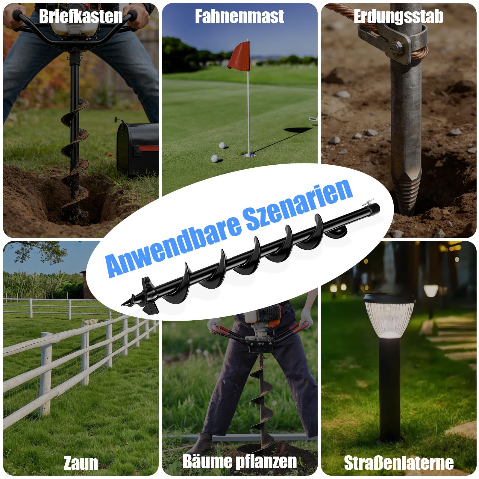 Broca de jardín de acero de tungsteno, diámetro de 250 mm, para taladro con perno de seguridad y adaptador, 80 cm de largo, para taladrar, excavar, plantas, construcción de vallas