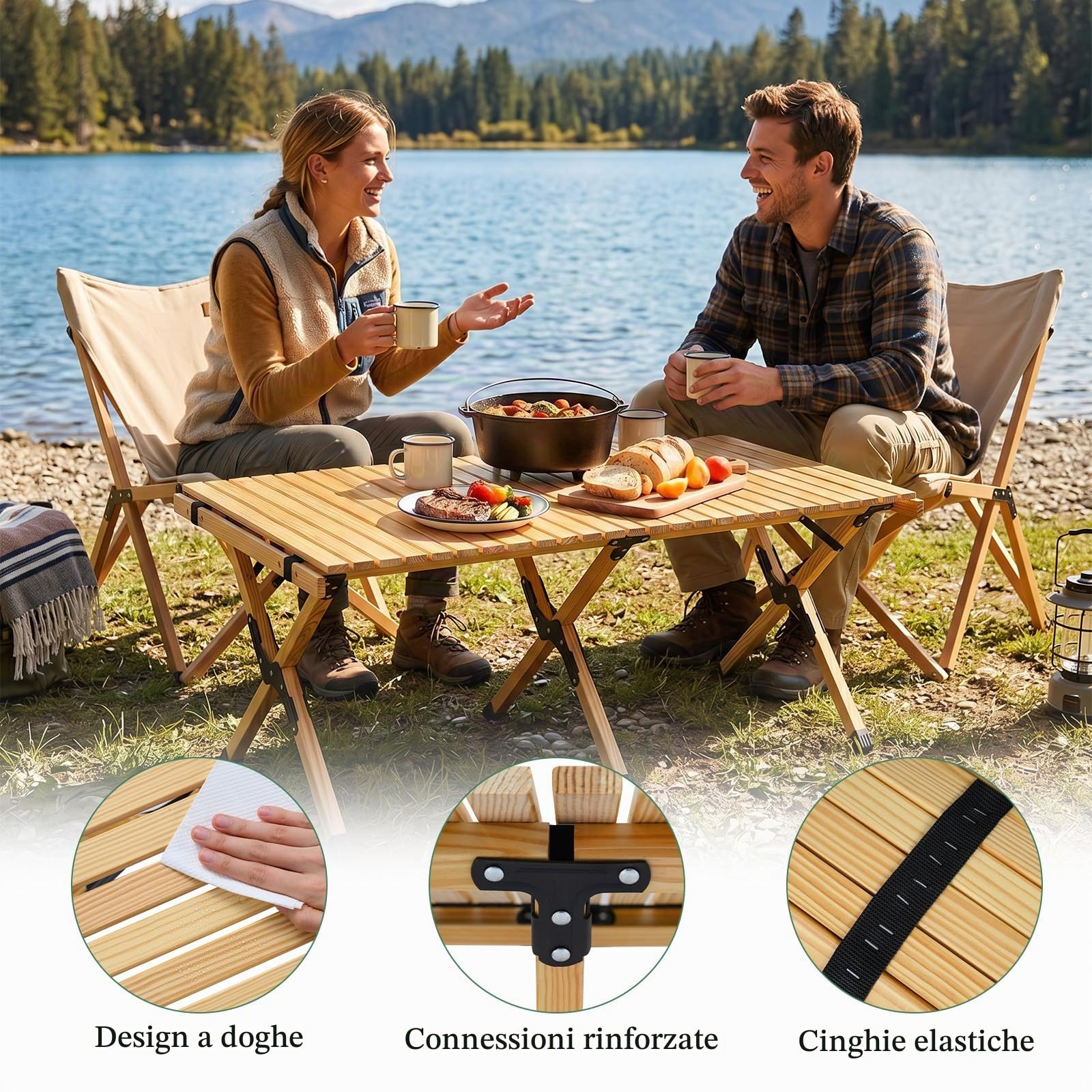 SOARS Tavolo da Campeggio Pieghevole 4-6 Posti, Tavolino Picnic con Piano Arrotolabile in Legno, Tavolo da Esterno Salvaspazio, con Borsa Trasporto, da Giardino, BBQ, Parco, 122 x 60 cm (Naturale)