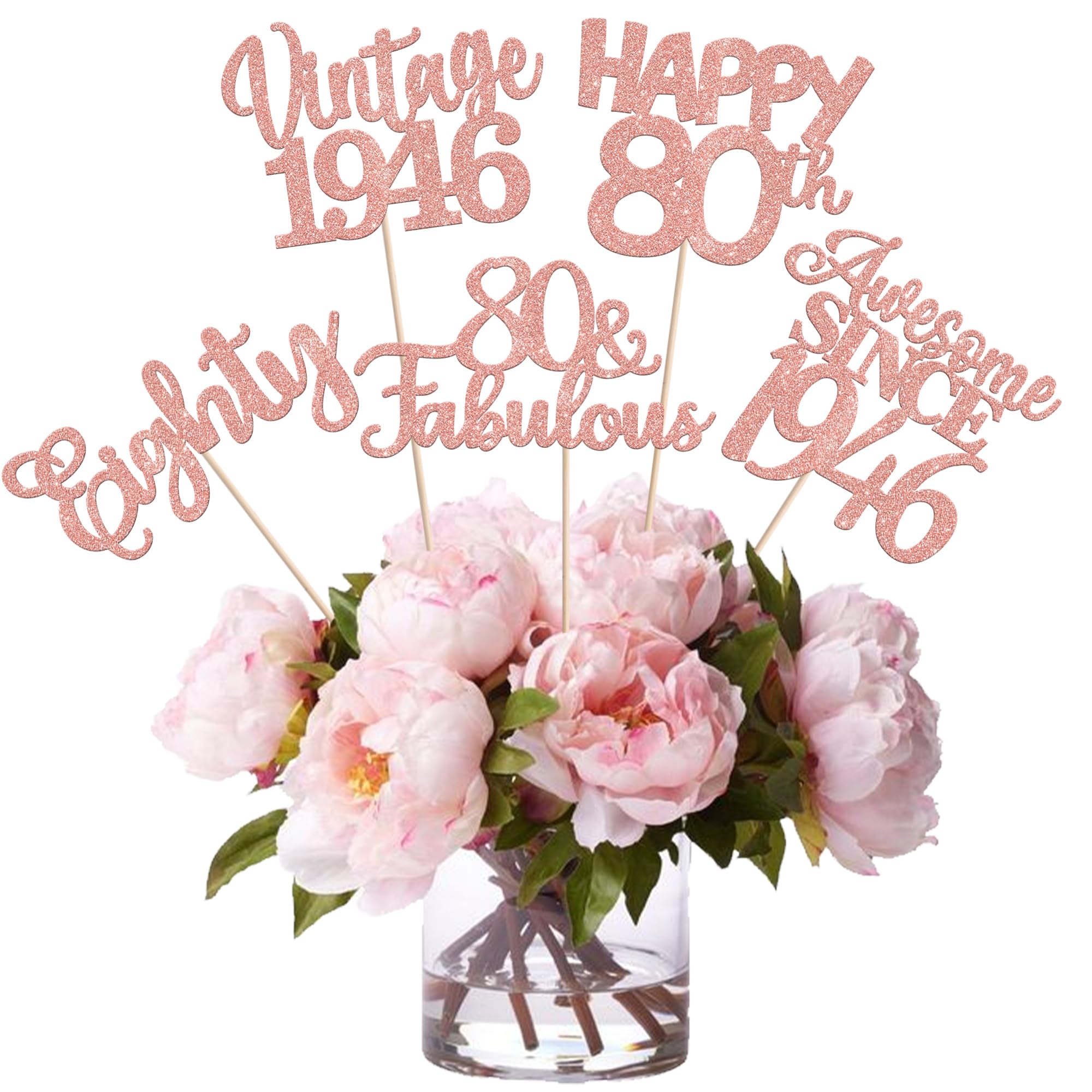 15 PCS 80th Birthday Centerpiece Sticks Happy 80th Vintage 1946 Table Flower Centerpieces Sticks Cheers to 80 Fabulous Floral Decorations for 80th Birthday Party Centerpieces Supplies Rose Gold