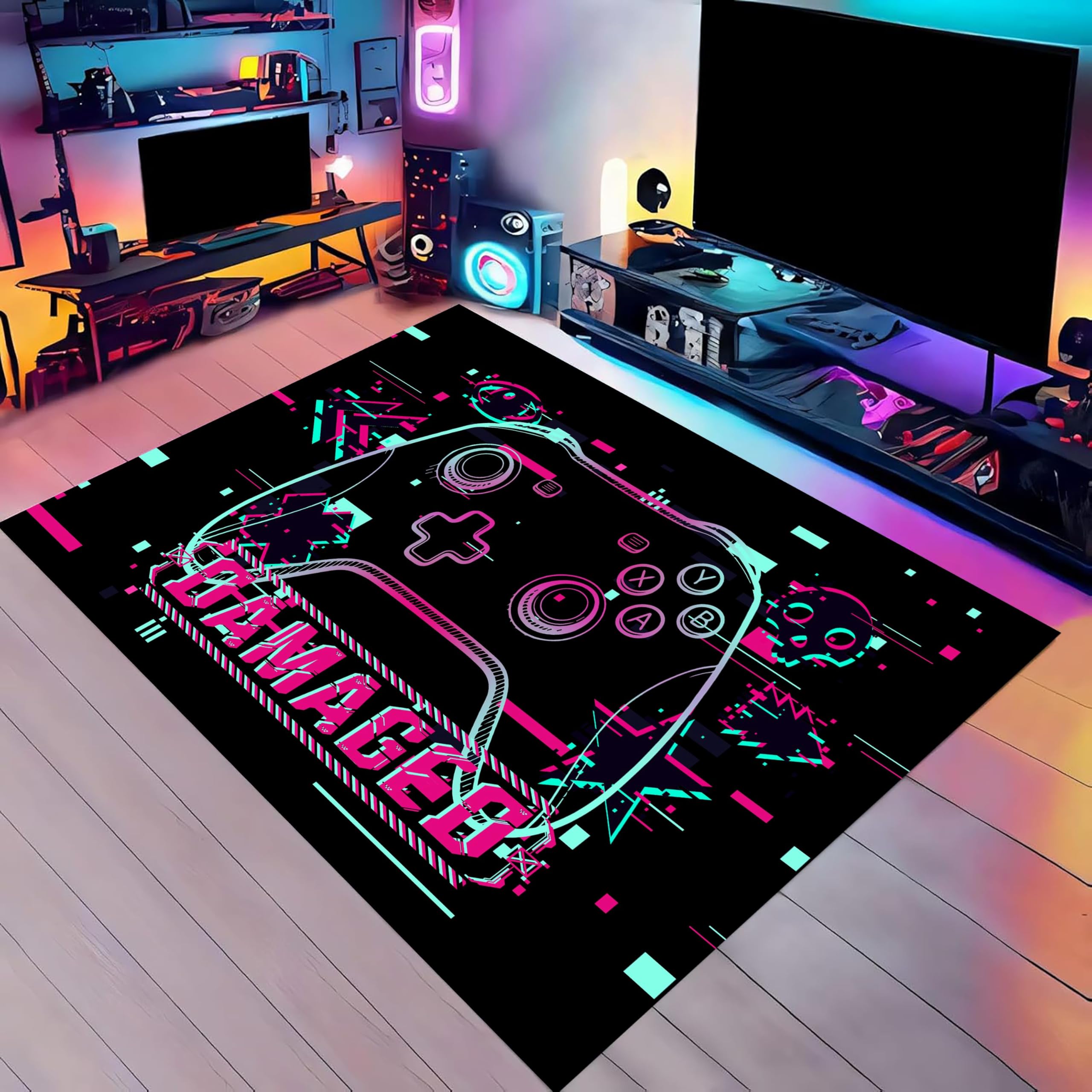 Black Area Rug, 120x180cm Modern Stylish Cool Neon Game Console Carpet, Game Lover Home Interior Decoration Floor Rugs, Soft Non-Slip Foldable Bedroom Bedside Sofa Low Pile Rug